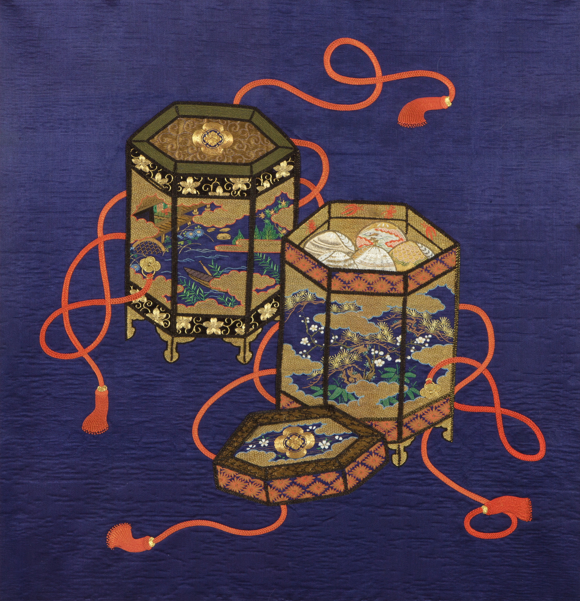 This fukusa features octagonal containers called kai-oke used to hold the traditional shell game kai-awase, or “shell-matching.” The game began around the 12th century and was originally played by court ladies, who vied with each other to match 180 pairs of clam shells painted on the inside with literary or poetic themes. Later, in the Edo period, the game became associated with weddings, and even the motif of the game symbolizes a happy match in marriage. This fukusa likely covered a wedding gift.