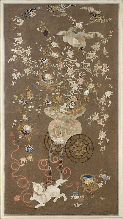 JAPANESE - Dog and Wagon Embroidery JAPANESE - Dog and Wagon Embroidery - silk and gold thread embroidery - 88 1/2 x 48 1/2 in.