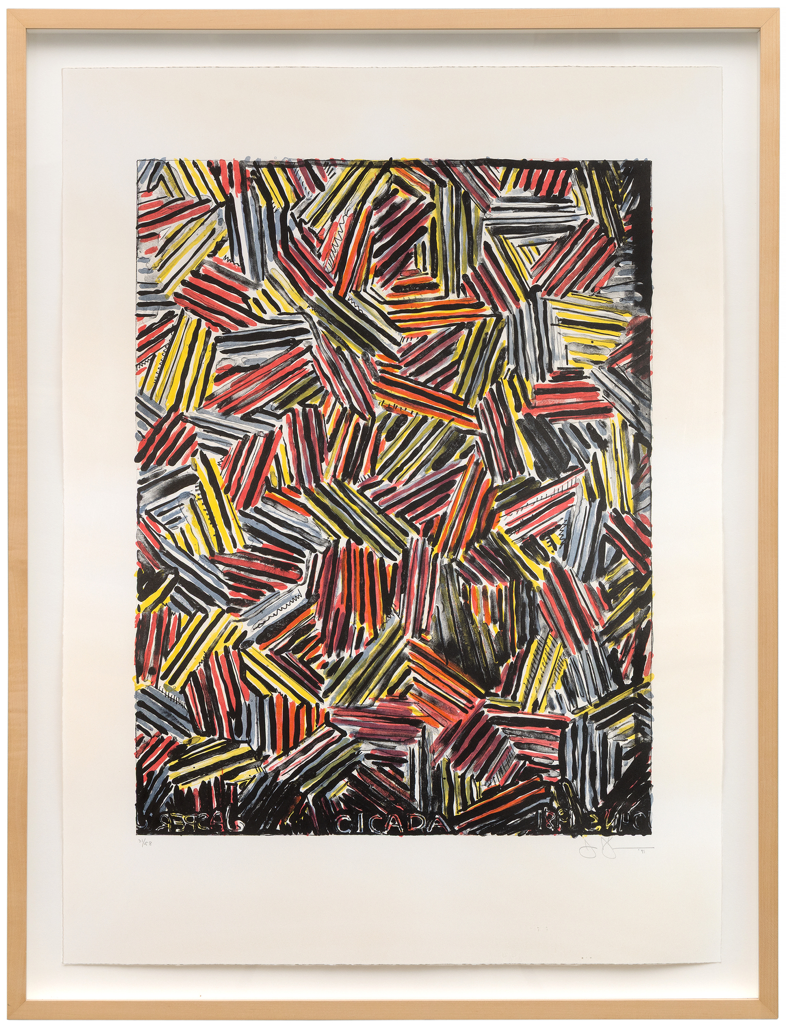 <div><font face=Lato size=3 color=black>Jasper Johns’ <em>Cicada</em> (1981) is a color lithograph published by Gemini G.E.L. in an edition of 58. The title evokes the insect’s cyclical emergence, echoing Johns’s interest in recurrence and transformation.</font></div>
<br>
<br><div> </div>
<br>
<br><div><font face=Lato size=3 color=black>Created during his “crosshatch” period (1972–83), the work exemplifies his move from flags and targets toward abstract systems of mark-making. Through layered color and texture, Johns explores the possibilities of lithography as a medium of repetition and variation.</font></div>
<br>
<br><div> </div>
<br>
<br><div><font face=Lato size=3 color=black>Impressions of <em>Cicada</em> are held in the collections of the Museum of Modern Art and the Whitney Museum of American Art, underscoring its importance within Johns’s printmaking practice.</font></div>