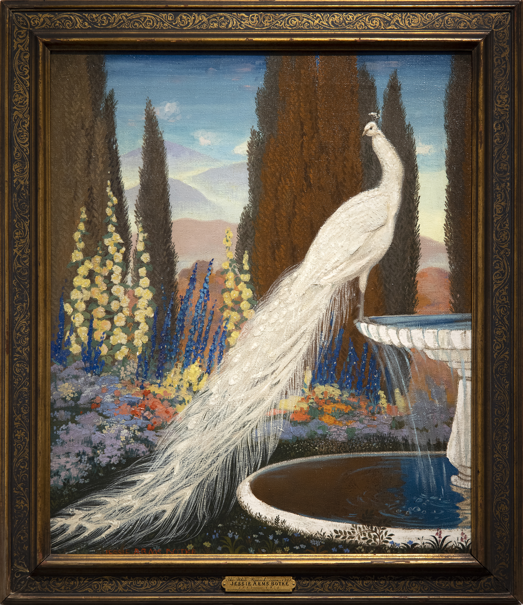 The Arts and Crafts Movement in Great Britain and the corresponding ripples that made their way across the Atlantic Ocean were felt in the work of Jesse Arms Botke (1883-1971).  Botke was born in Chicago, Illinois but found her home in California, where she had a successful career working first in Carmel and later in Southern California. 
<br>
<br>Rich textures, extensive use of gold leaf, and highly stylized birds would become synonymous with Botke's mature work as she established herself as one of the West Coast’s leading decorative mural painters of the 20th century.
<br>
<br>"The White Peacock" (1922) shows an idyllic landscape with Botke's signature bird subject matter; the white peacock and cockatoos were among her favorite aviary subjects. Her work today can be found in countless museum collections, including the Art Institute, Chicago.