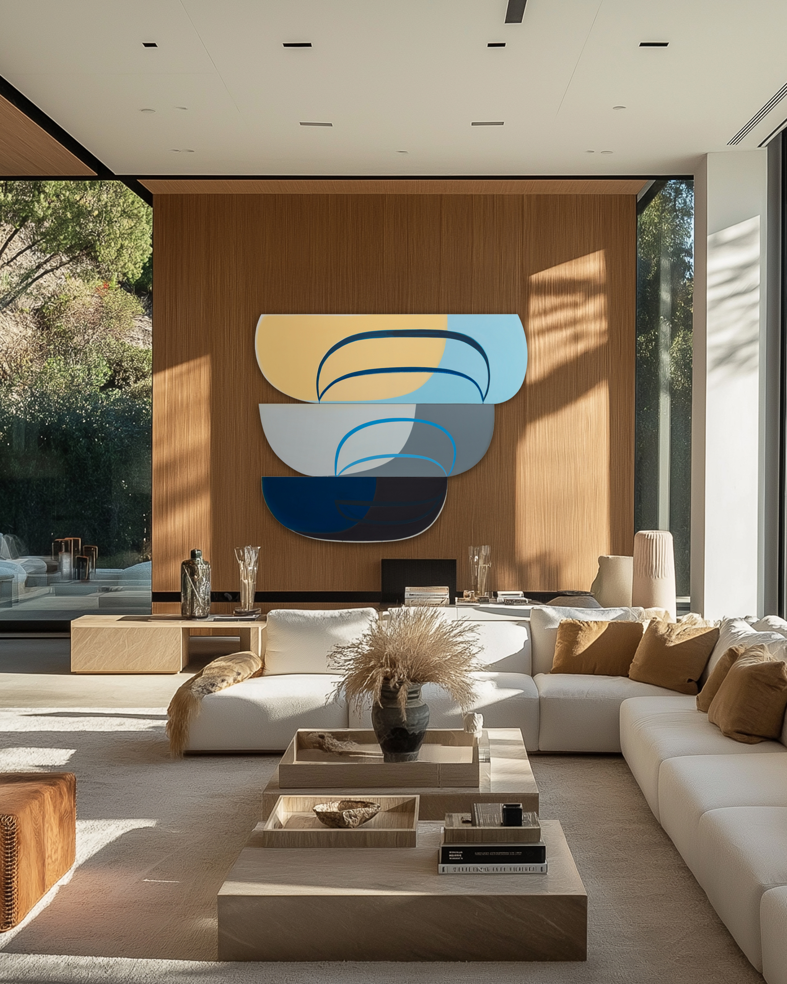 <div>Joanna Pousette-Dart’s 3 Part Variation No. 11 (2017) is composed of three stacked, curvilinear canvases—forms that resemble canoe hulls or slices of a circle—rising in scale from bottom to top. Each panel has its own restrained palette of blues, yellows, and grays, distinct yet resonant with the others. The proportions and curves echo from one to the next, yet no two forms are alike. </div>
<br>
<br><div> </div>
<br>
<br><div>Within each panel, broad areas of flat color are bisected by rounded shapes whose outer contours align with the painting’s edge. Layered over these are linear arabesque-like structures that visually rhyme—but never directly repeat—the panels’ curves, creating a dynamic interplay between inner drawing and outer shape. The result is both lyrical and precise, a composition where subtle variations generate a complex harmony. </div>
<br>
<br><div> </div>
<br>
<br><div>The beauty of 3 Part Variation No. 11 lies in these relationships: how forms mirror, diverge, and converge across the three canvases. The effect is meditative, like a visual equation that is at once architectural and deeply personal. </div>