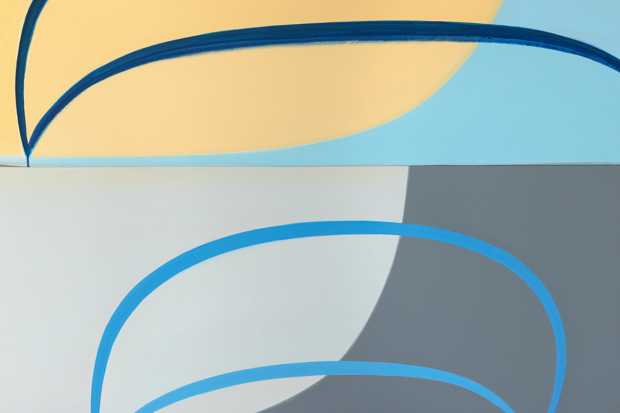 <div>Joanna Pousette-Dart’s 3 Part Variation No. 11 (2017) is composed of three stacked, curvilinear canvases—forms that resemble canoe hulls or slices of a circle—rising in scale from bottom to top. Each panel has its own restrained palette of blues, yellows, and grays, distinct yet resonant with the others. The proportions and curves echo from one to the next, yet no two forms are alike. </div>
<br>
<br><div> </div>
<br>
<br><div>Within each panel, broad areas of flat color are bisected by rounded shapes whose outer contours align with the painting’s edge. Layered over these are linear arabesque-like structures that visually rhyme—but never directly repeat—the panels’ curves, creating a dynamic interplay between inner drawing and outer shape. The result is both lyrical and precise, a composition where subtle variations generate a complex harmony. </div>
<br>
<br><div> </div>
<br>
<br><div>The beauty of 3 Part Variation No. 11 lies in these relationships: how forms mirror, diverge, and converge across the three canvases. The effect is meditative, like a visual equation that is at once architectural and deeply personal. </div>