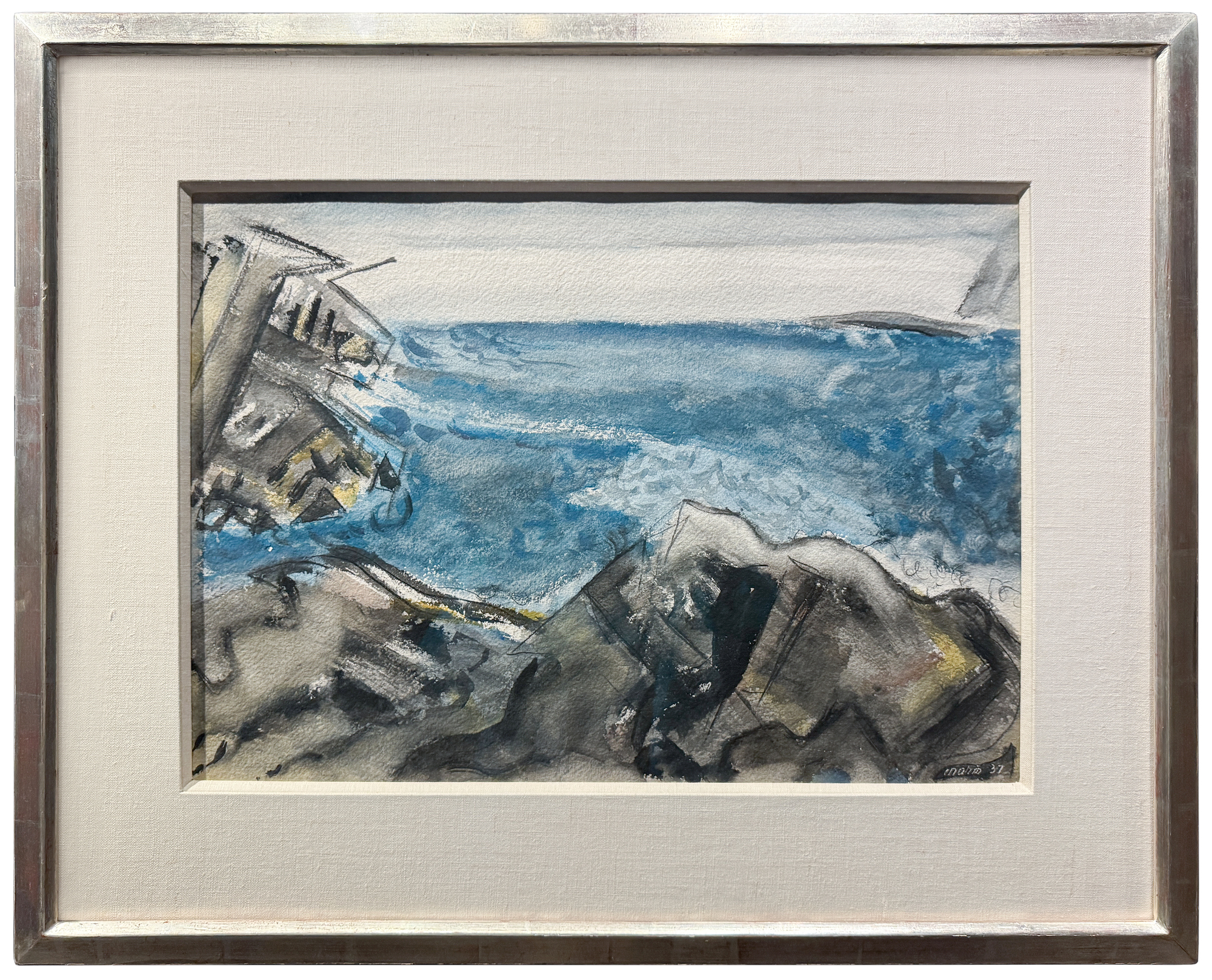 <div>John Marin’s "Sea Movement, Maine" (1937) exemplifies his dynamic approach to watercolor, a medium he transformed into one of the most expressive vehicles of early American modernism. Painted during his mature period, the work captures the restless energy of the Maine coast—a subject Marin returned to repeatedly as a source of inspiration. Quick, gestural strokes convey the surging sea and jagged rocks, while washes of deep blue, gray, and black evoke both immediacy and atmosphere. Marin’s hallmark ability to fuse abstraction with observation is evident here: the composition is at once faithful to the rhythms of the natural world and liberated in its expressive freedom. </div><br><br><div>&nbsp;</div><br><br><div>The significance of this work is underscored by its inclusion in Sheldon Reich’s 1970 catalogue raisonné (no. 37.19) and its exhibition history in two museum shows, affirming its place within Marin’s celebrated body of Maine seascapes. "Sea Movement, Maine" stands as a vivid testament to the artist’s lifelong pursuit of translating nature’s vitality into painterly form. </div>