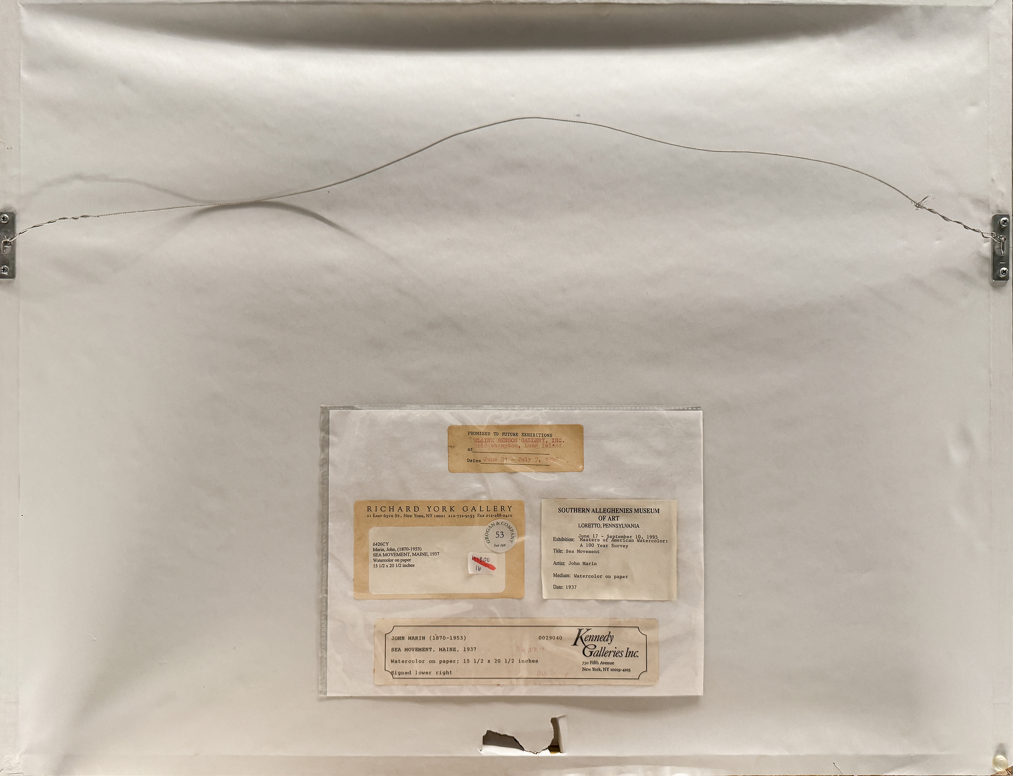 <div>John Marin’s "Sea Movement, Maine" (1937) exemplifies his dynamic approach to watercolor, a medium he transformed into one of the most expressive vehicles of early American modernism. Painted during his mature period, the work captures the restless energy of the Maine coast—a subject Marin returned to repeatedly as a source of inspiration. Quick, gestural strokes convey the surging sea and jagged rocks, while washes of deep blue, gray, and black evoke both immediacy and atmosphere. Marin’s hallmark ability to fuse abstraction with observation is evident here: the composition is at once faithful to the rhythms of the natural world and liberated in its expressive freedom. </div><br><br><div>&nbsp;</div><br><br><div>The significance of this work is underscored by its inclusion in Sheldon Reich’s 1970 catalogue raisonné (no. 37.19) and its exhibition history in two museum shows, affirming its place within Marin’s celebrated body of Maine seascapes. "Sea Movement, Maine" stands as a vivid testament to the artist’s lifelong pursuit of translating nature’s vitality into painterly form. </div>