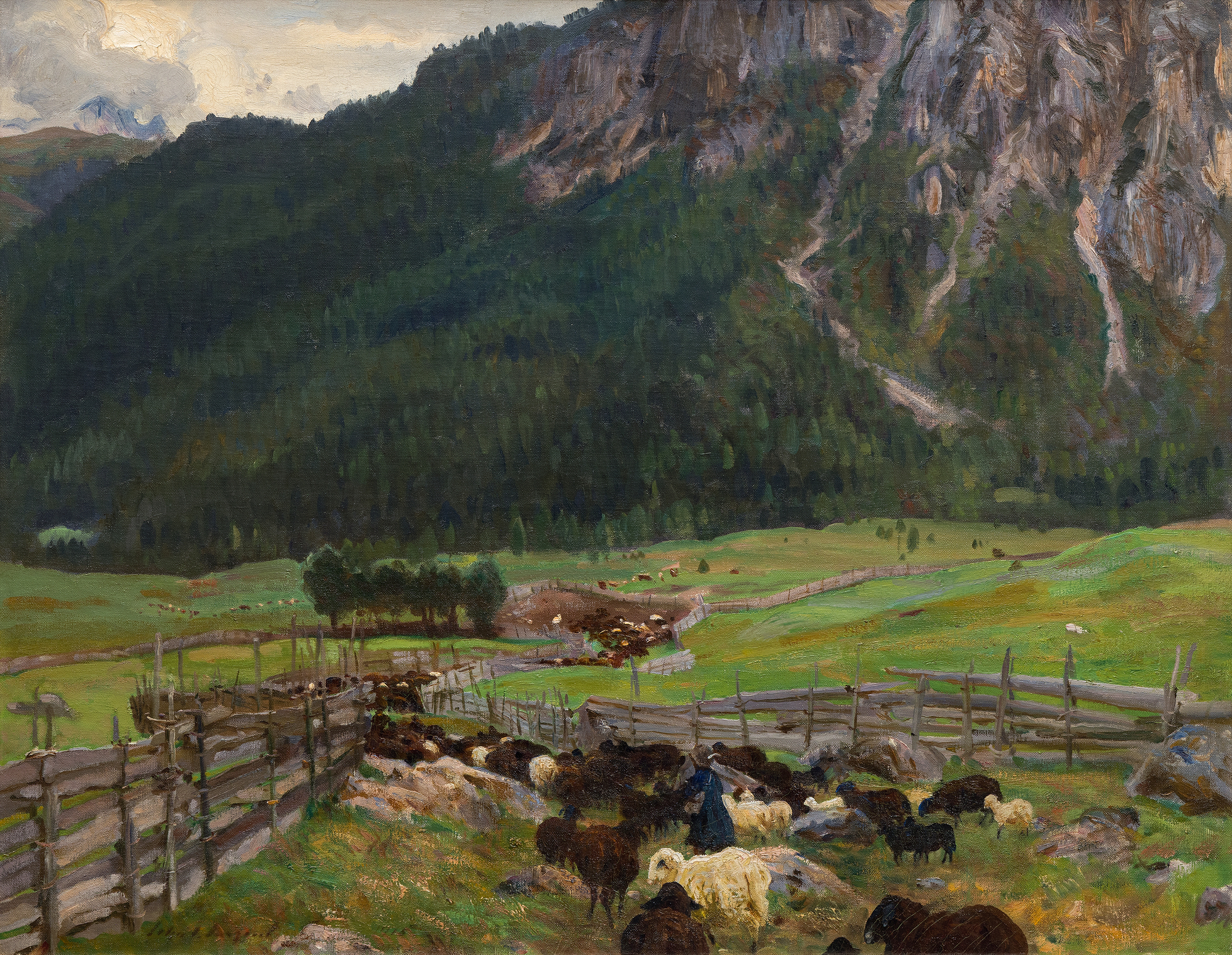 <div><font face=Lato size=3>Painted during John Singer Sargent's trip to the Austrian Tyrol in the summer of 1914, this work captures a moment of profound historical tension as Austria declared war on Serbia that July, placing Sargent at the threshold of the First World War. The painting offers a strikingly intimate and unexpected view of the Alpine landscape, framed from within a sheep pen with the mountain itself largely cropped from sight. This choice of vantage point shifts the viewers focus to the meeting point of the valley and the rising slope, where deep verdant greens anchor the composition and an overcast sky suggests a subtle sense of unease beyond the tranquil pastoral foreground.</font></div><br><br><div>&nbsp;</div><br><br><div><font face=Lato size=3>The work is included in the Sargent catalogue raisonne by Richard Ormond and Elaine Kilmurray, confirming its secure place within the artists documented production. Sargent created several related works during his 1914 stay in the Tyrol across both oil and watercolor, including <em>Tyrolese Interior </em>at The Metropolitan Museum of Art, <em>Woodsheds Tyrol</em> at the Art Institute of Chicago, and <em>Trout Stream</em> <em>in the Tyrol</em> at the de Young Museum. Together these works demonstrate Sargent's sustained engagement with the region and its distinctive light, atmosphere, and rural architecture during this pivotal year.</font></div><br><br><div>&nbsp;</div><br><br><div><font face=Lato size=3>This painting also carries distinguished provenance, having been previously held in the collection of Henry Clay Frick, the American industrialist and founder of the Frick Collection, before being given as a gift to his friend and lawyer Louis Cass Ledyard, who also served as counsel to J P Morgan. Its rarity within Sargents mature Tyrolean subjects is further underscored by the small number of comparable works that have reached the market, with only one closely related painting from this period, A Tyrolese Crucifix from 1915, having appeared at auction in recent decades.</font></div><br><br><div>&nbsp;</div><br><br><div><font face=Lato size=3>Sargents work continues to receive major institutional recognition, including the forthcoming exhibition Sargent Dazzling Paris at the Musee d Orsay in 2025 to 2026, reaffirming the ongoing relevance of his mature European landscapes within the broader narrative of early twentieth century art.</font></div>