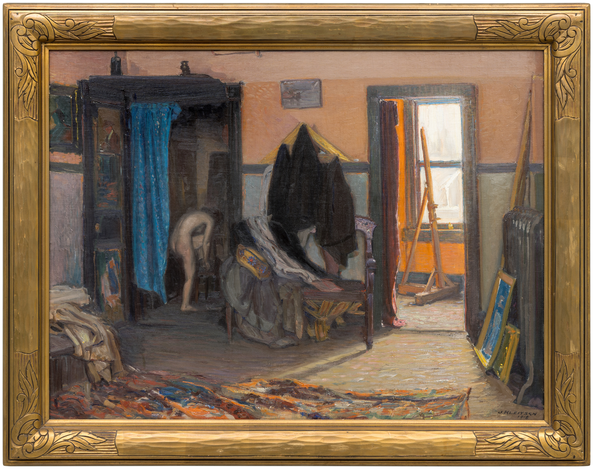 <div>Joseph Kleitsch’s <em>Studio Interior</em> (1918) is a compelling early work that reflects the artist’s academic-realist foundation and marks a pivotal moment just before his relocation from the Chicago to California. Painted shortly before this transition, the work reveals Kleitsch’s disciplined approach to composition and observation, shaped by his rigorous training in Budapest, Munich, and Paris. The scene depicts a quiet, lived-in studio space, where light enters through an open doorway to animate furniture, canvases, and everyday objects with a subdued yet attentive handling of color and tone. </div><br><br><div>&nbsp;</div><br><br><div>The interior is constructed with careful spatial logic and an emphasis on structure, underscoring Kleitsch’s preference for academic realism at this stage of his career. While in Chicago, his portrait and interior scenes were often distinguished by a “jeweled” palette—rich, saturated hues deployed with restraint—and that sensibility is evident here in the layered colors that enliven the otherwise low-keyed room. Subtle shifts in light guide the eye through the composition, balancing chromatic richness with solidity and calm. </div><br><br><div>&nbsp;</div><br><br><div>In the years leading up to his move west, Kleitsch was actively involved with Chicago’s artistic institutions, including the Palette and Chisel Club and the Art Institute of Chicago, situating him within a dynamic environment of evolving modern influences. During this time, Impressionist and Post-Impressionist works were increasingly visible in American exhibitions. While Kleitsch maintains a measured realism here, the Impressionist influence was incubating; he would later become renowned as a “master of gorgeous color” owing to the high-keyed vibrant palette of his California landscapes. </div><br><br><div>&nbsp;</div><br><br><div><em>Studio Interior</em> has been exhibited twice, both times in California, as part of exhibitions highlighting Kleitsch’s importance to the history of California art. Seen in retrospect, the painting offers a revealing glimpse of the artist’s roots before his later, more luminous California landscapes would come to define his legacy. </div><br><br><div>&nbsp;</div><br><br><div>&nbsp;</div>