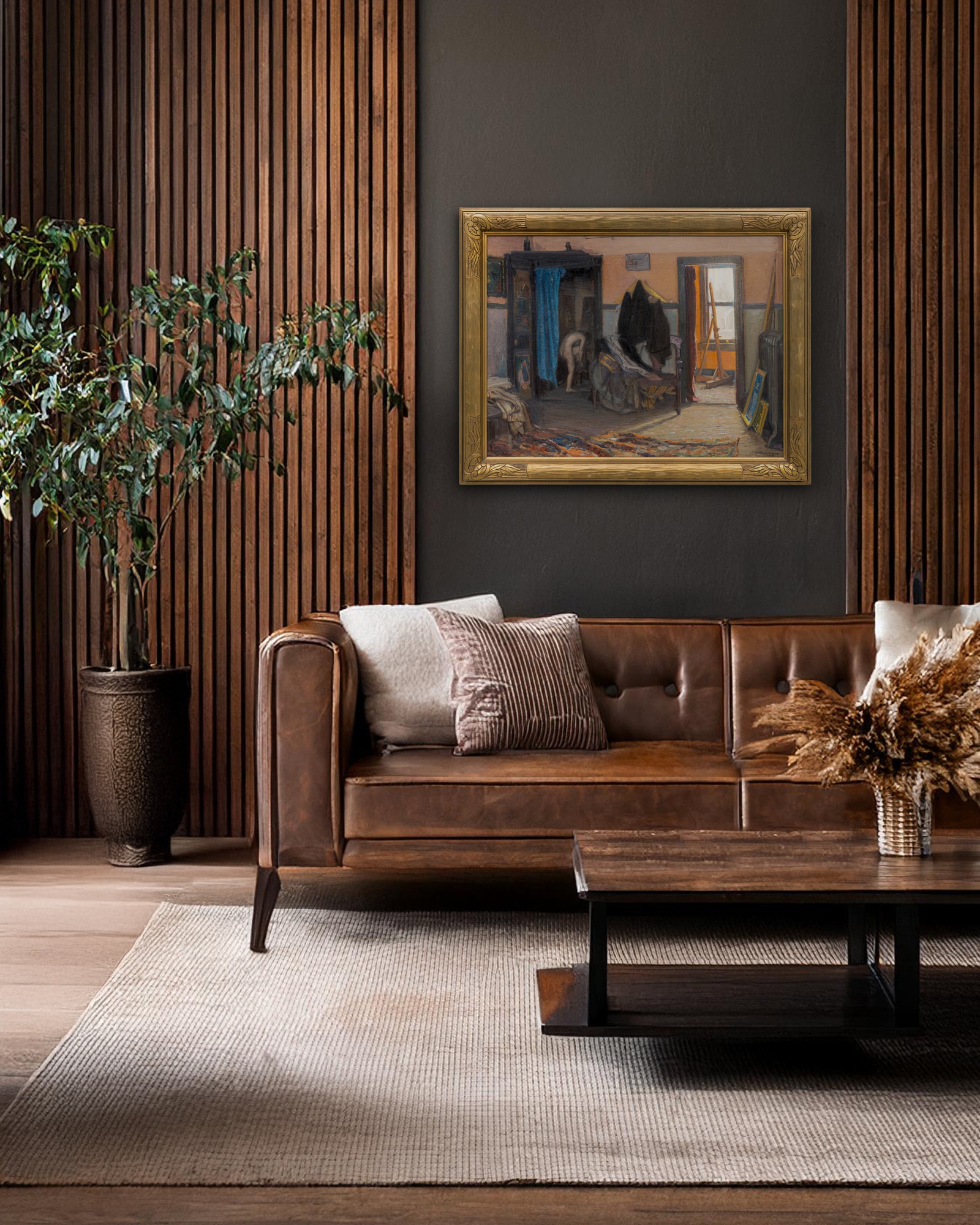 <div>Joseph Kleitsch’s <em>Studio Interior</em> (1918) is a compelling early work that reflects the artist’s academic-realist foundation and marks a pivotal moment just before his relocation from the Chicago to California. Painted shortly before this transition, the work reveals Kleitsch’s disciplined approach to composition and observation, shaped by his rigorous training in Budapest, Munich, and Paris. The scene depicts a quiet, lived-in studio space, where light enters through an open doorway to animate furniture, canvases, and everyday objects with a subdued yet attentive handling of color and tone. </div><br><br><div>&nbsp;</div><br><br><div>The interior is constructed with careful spatial logic and an emphasis on structure, underscoring Kleitsch’s preference for academic realism at this stage of his career. While in Chicago, his portrait and interior scenes were often distinguished by a “jeweled” palette—rich, saturated hues deployed with restraint—and that sensibility is evident here in the layered colors that enliven the otherwise low-keyed room. Subtle shifts in light guide the eye through the composition, balancing chromatic richness with solidity and calm. </div><br><br><div>&nbsp;</div><br><br><div>In the years leading up to his move west, Kleitsch was actively involved with Chicago’s artistic institutions, including the Palette and Chisel Club and the Art Institute of Chicago, situating him within a dynamic environment of evolving modern influences. During this time, Impressionist and Post-Impressionist works were increasingly visible in American exhibitions. While Kleitsch maintains a measured realism here, the Impressionist influence was incubating; he would later become renowned as a “master of gorgeous color” owing to the high-keyed vibrant palette of his California landscapes. </div><br><br><div>&nbsp;</div><br><br><div><em>Studio Interior</em> has been exhibited twice, both times in California, as part of exhibitions highlighting Kleitsch’s importance to the history of California art. Seen in retrospect, the painting offers a revealing glimpse of the artist’s roots before his later, more luminous California landscapes would come to define his legacy. </div><br><br><div>&nbsp;</div><br><br><div>&nbsp;</div>