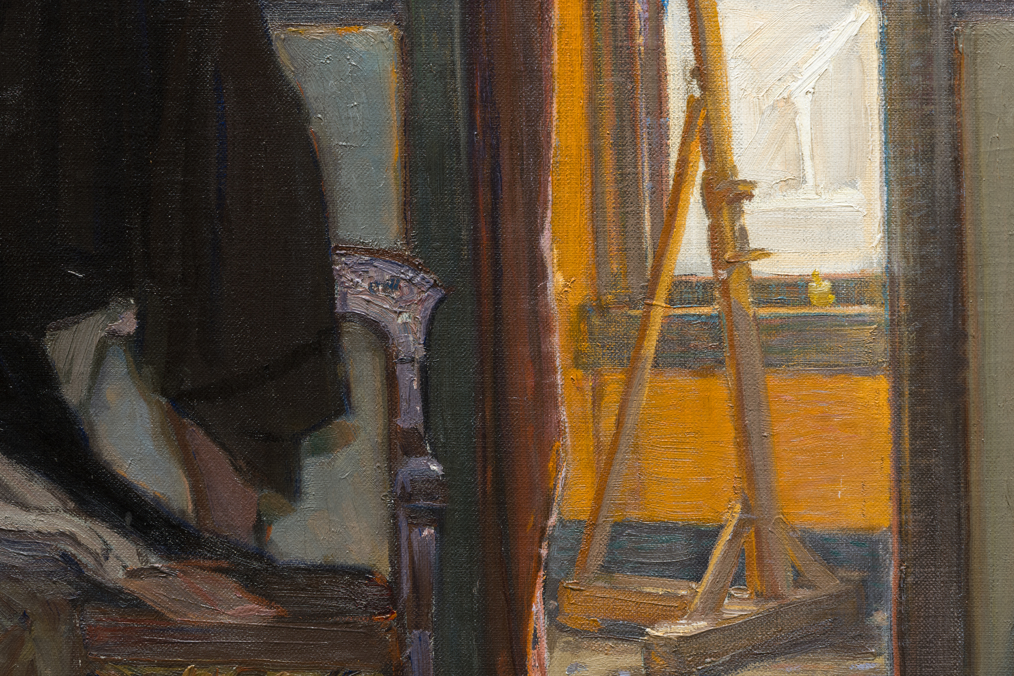 <div>Joseph Kleitsch’s <em>Studio Interior</em> (1918) is a compelling early work that reflects the artist’s academic-realist foundation and marks a pivotal moment just before his relocation from the Chicago to California. Painted shortly before this transition, the work reveals Kleitsch’s disciplined approach to composition and observation, shaped by his rigorous training in Budapest, Munich, and Paris. The scene depicts a quiet, lived-in studio space, where light enters through an open doorway to animate furniture, canvases, and everyday objects with a subdued yet attentive handling of color and tone. </div><br><br><div>&nbsp;</div><br><br><div>The interior is constructed with careful spatial logic and an emphasis on structure, underscoring Kleitsch’s preference for academic realism at this stage of his career. While in Chicago, his portrait and interior scenes were often distinguished by a “jeweled” palette—rich, saturated hues deployed with restraint—and that sensibility is evident here in the layered colors that enliven the otherwise low-keyed room. Subtle shifts in light guide the eye through the composition, balancing chromatic richness with solidity and calm. </div><br><br><div>&nbsp;</div><br><br><div>In the years leading up to his move west, Kleitsch was actively involved with Chicago’s artistic institutions, including the Palette and Chisel Club and the Art Institute of Chicago, situating him within a dynamic environment of evolving modern influences. During this time, Impressionist and Post-Impressionist works were increasingly visible in American exhibitions. While Kleitsch maintains a measured realism here, the Impressionist influence was incubating; he would later become renowned as a “master of gorgeous color” owing to the high-keyed vibrant palette of his California landscapes. </div><br><br><div>&nbsp;</div><br><br><div><em>Studio Interior</em> has been exhibited twice, both times in California, as part of exhibitions highlighting Kleitsch’s importance to the history of California art. Seen in retrospect, the painting offers a revealing glimpse of the artist’s roots before his later, more luminous California landscapes would come to define his legacy. </div><br><br><div>&nbsp;</div><br><br><div>&nbsp;</div>