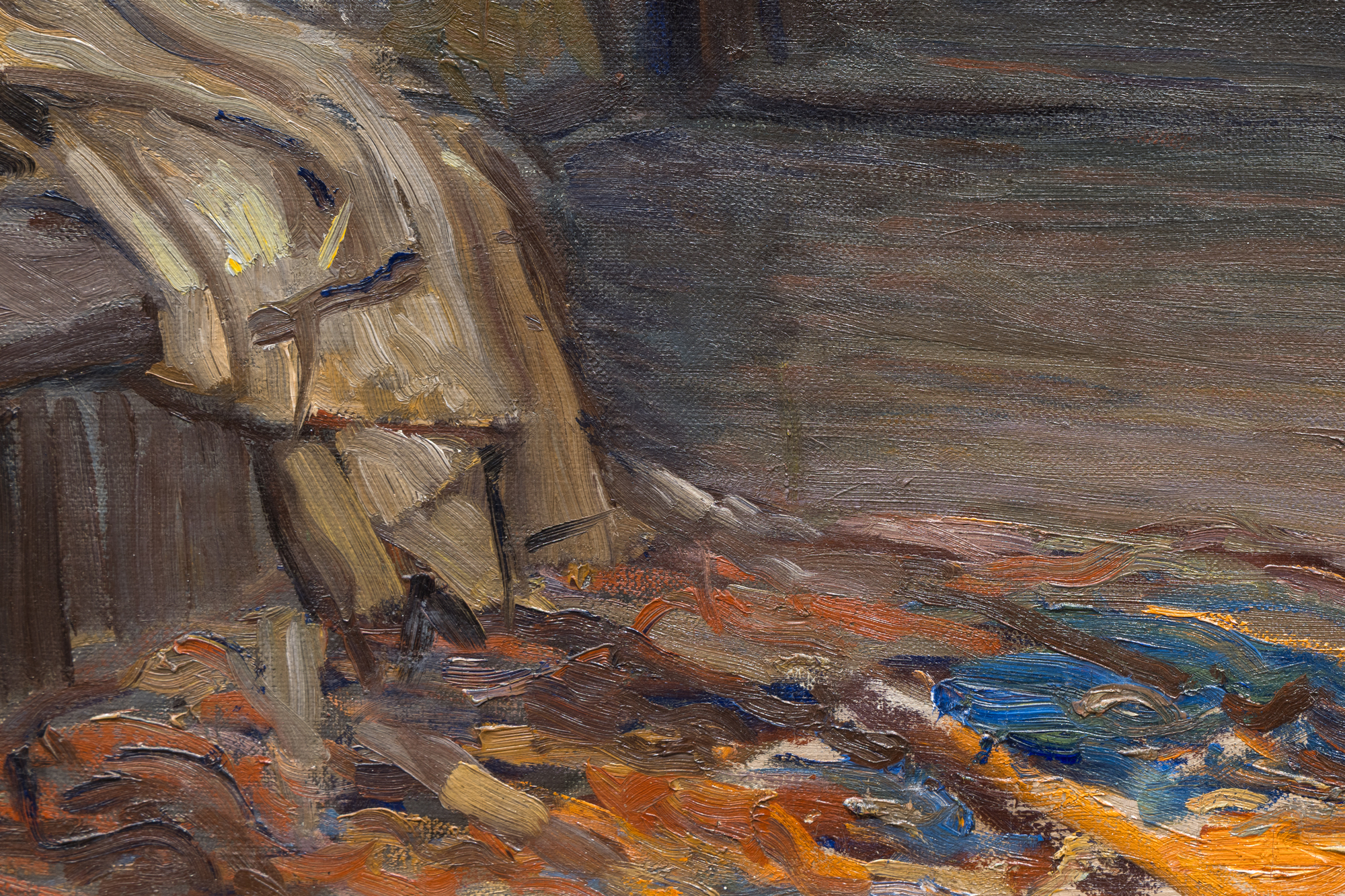 <div>Joseph Kleitsch’s <em>Studio Interior</em> (1918) is a compelling early work that reflects the artist’s academic-realist foundation and marks a pivotal moment just before his relocation from the Chicago to California. Painted shortly before this transition, the work reveals Kleitsch’s disciplined approach to composition and observation, shaped by his rigorous training in Budapest, Munich, and Paris. The scene depicts a quiet, lived-in studio space, where light enters through an open doorway to animate furniture, canvases, and everyday objects with a subdued yet attentive handling of color and tone. </div><br><br><div>&nbsp;</div><br><br><div>The interior is constructed with careful spatial logic and an emphasis on structure, underscoring Kleitsch’s preference for academic realism at this stage of his career. While in Chicago, his portrait and interior scenes were often distinguished by a “jeweled” palette—rich, saturated hues deployed with restraint—and that sensibility is evident here in the layered colors that enliven the otherwise low-keyed room. Subtle shifts in light guide the eye through the composition, balancing chromatic richness with solidity and calm. </div><br><br><div>&nbsp;</div><br><br><div>In the years leading up to his move west, Kleitsch was actively involved with Chicago’s artistic institutions, including the Palette and Chisel Club and the Art Institute of Chicago, situating him within a dynamic environment of evolving modern influences. During this time, Impressionist and Post-Impressionist works were increasingly visible in American exhibitions. While Kleitsch maintains a measured realism here, the Impressionist influence was incubating; he would later become renowned as a “master of gorgeous color” owing to the high-keyed vibrant palette of his California landscapes. </div><br><br><div>&nbsp;</div><br><br><div><em>Studio Interior</em> has been exhibited twice, both times in California, as part of exhibitions highlighting Kleitsch’s importance to the history of California art. Seen in retrospect, the painting offers a revealing glimpse of the artist’s roots before his later, more luminous California landscapes would come to define his legacy. </div><br><br><div>&nbsp;</div><br><br><div>&nbsp;</div>