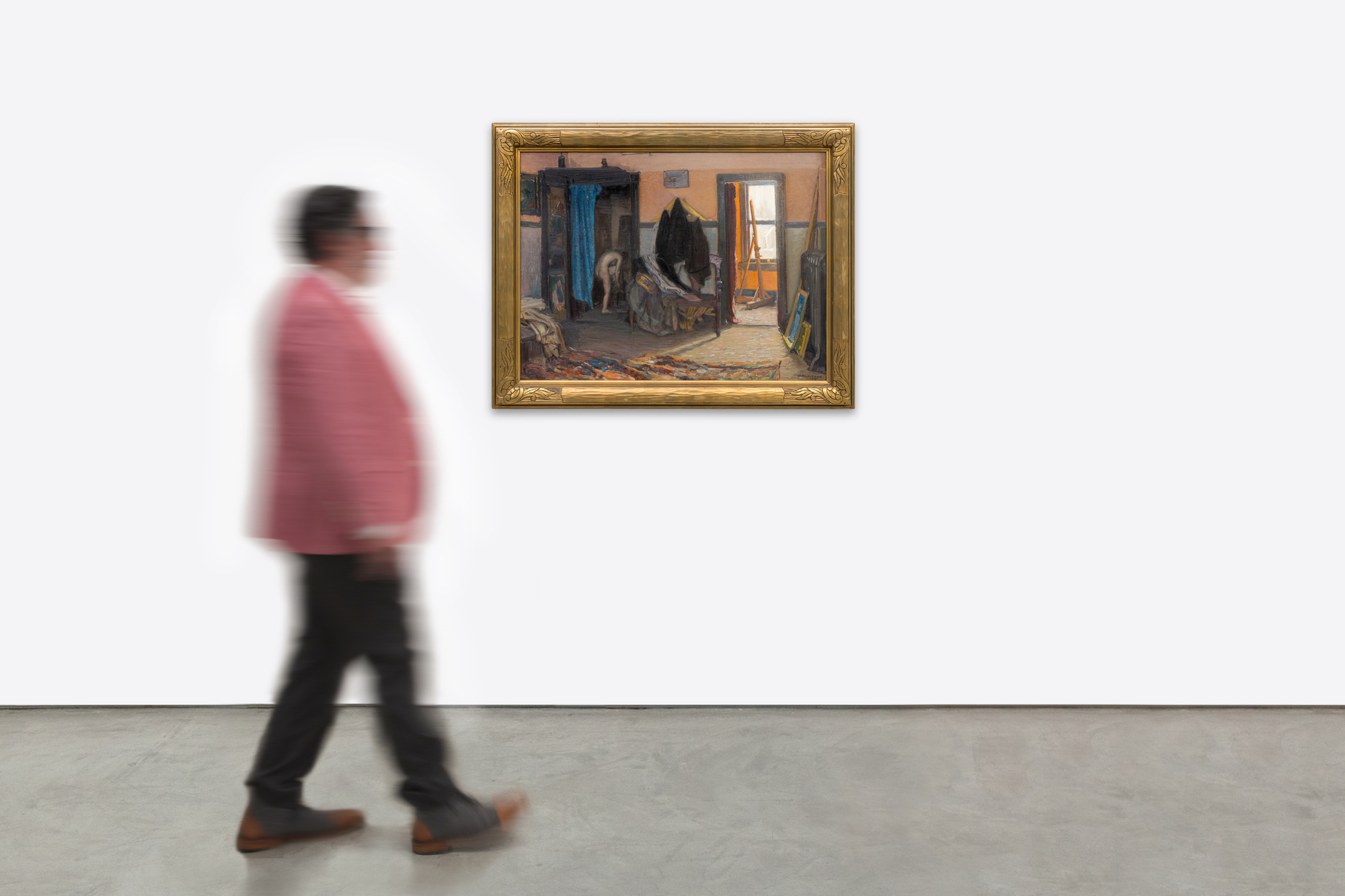 <div>Joseph Kleitsch’s <em>Studio Interior</em> (1918) is a compelling early work that reflects the artist’s academic-realist foundation and marks a pivotal moment just before his relocation from the Chicago to California. Painted shortly before this transition, the work reveals Kleitsch’s disciplined approach to composition and observation, shaped by his rigorous training in Budapest, Munich, and Paris. The scene depicts a quiet, lived-in studio space, where light enters through an open doorway to animate furniture, canvases, and everyday objects with a subdued yet attentive handling of color and tone. </div><br><br><div>&nbsp;</div><br><br><div>The interior is constructed with careful spatial logic and an emphasis on structure, underscoring Kleitsch’s preference for academic realism at this stage of his career. While in Chicago, his portrait and interior scenes were often distinguished by a “jeweled” palette—rich, saturated hues deployed with restraint—and that sensibility is evident here in the layered colors that enliven the otherwise low-keyed room. Subtle shifts in light guide the eye through the composition, balancing chromatic richness with solidity and calm. </div><br><br><div>&nbsp;</div><br><br><div>In the years leading up to his move west, Kleitsch was actively involved with Chicago’s artistic institutions, including the Palette and Chisel Club and the Art Institute of Chicago, situating him within a dynamic environment of evolving modern influences. During this time, Impressionist and Post-Impressionist works were increasingly visible in American exhibitions. While Kleitsch maintains a measured realism here, the Impressionist influence was incubating; he would later become renowned as a “master of gorgeous color” owing to the high-keyed vibrant palette of his California landscapes. </div><br><br><div>&nbsp;</div><br><br><div><em>Studio Interior</em> has been exhibited twice, both times in California, as part of exhibitions highlighting Kleitsch’s importance to the history of California art. Seen in retrospect, the painting offers a revealing glimpse of the artist’s roots before his later, more luminous California landscapes would come to define his legacy. </div><br><br><div>&nbsp;</div><br><br><div>&nbsp;</div>