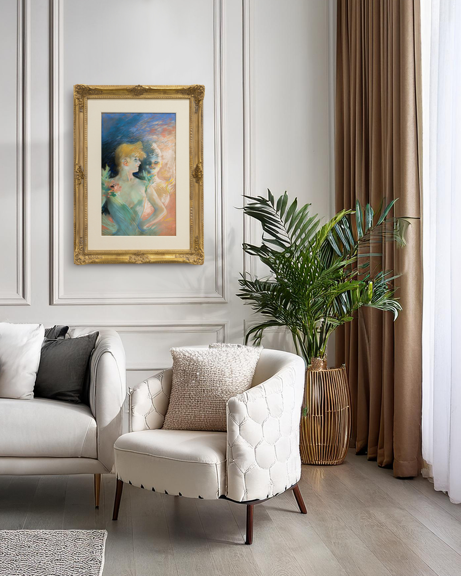 <div>Jules Chéret’s <em>Portrait</em> is a lively pastel chalk on canvas that reveals the painterly sensibility behind the artist best known as the master of Belle Époque poster art. In this composition, two female figures emerge from a whirlwind of color and light, their forms dissolving into strokes of turquoise, rose, and gold. The surface vibrates with movement, recalling the theatrical energy and fleeting glamour that defined fin-de-siècle Paris. Softly modeled yet animated by sweeping gestures, the figures seem caught mid-performance—at once intimate and exuberant. </div><br><br><div>&nbsp;</div><br><br><div>Though widely celebrated for his advertising posters, Chéret was deeply influenced by the Rococo masters, particularly Jean-Honoré Fragonard and Antoine Watteau. Their spirit of elegance, sensuality, and decorative flourish permeates this work, where lightness of touch and chromatic brilliance take precedence over strict realism. These same qualities made his vivid lithographic posters for the Eldorado, the Olympia, the Folies Bergère, the Théâtre de l’Opéra, the Alcazar d’Été, and the Moulin Rouge iconic emblems of Parisian modern life. </div><br><br><div>&nbsp;</div><br><br><div>Chéret’s success in poster design helped launch a new generation of artists, including Charles Gesmar and Henri de Toulouse-Lautrec, solidifying the poster as a legitimate artistic medium. While he achieved recognition as a painter, it was his advertising imagery—initially undertaken to earn a living but later pursued with conviction—that secured his legacy. Honored with a posthumous exhibition at the Salon d’Automne in 1933, Chéret’s works are now held in major institutions including The Museum of Modern Art, the Musée d’Orsay, the Hermitage Museum, and the Art Institute of Chicago, affirming his enduring place in the history of modern art. </div>