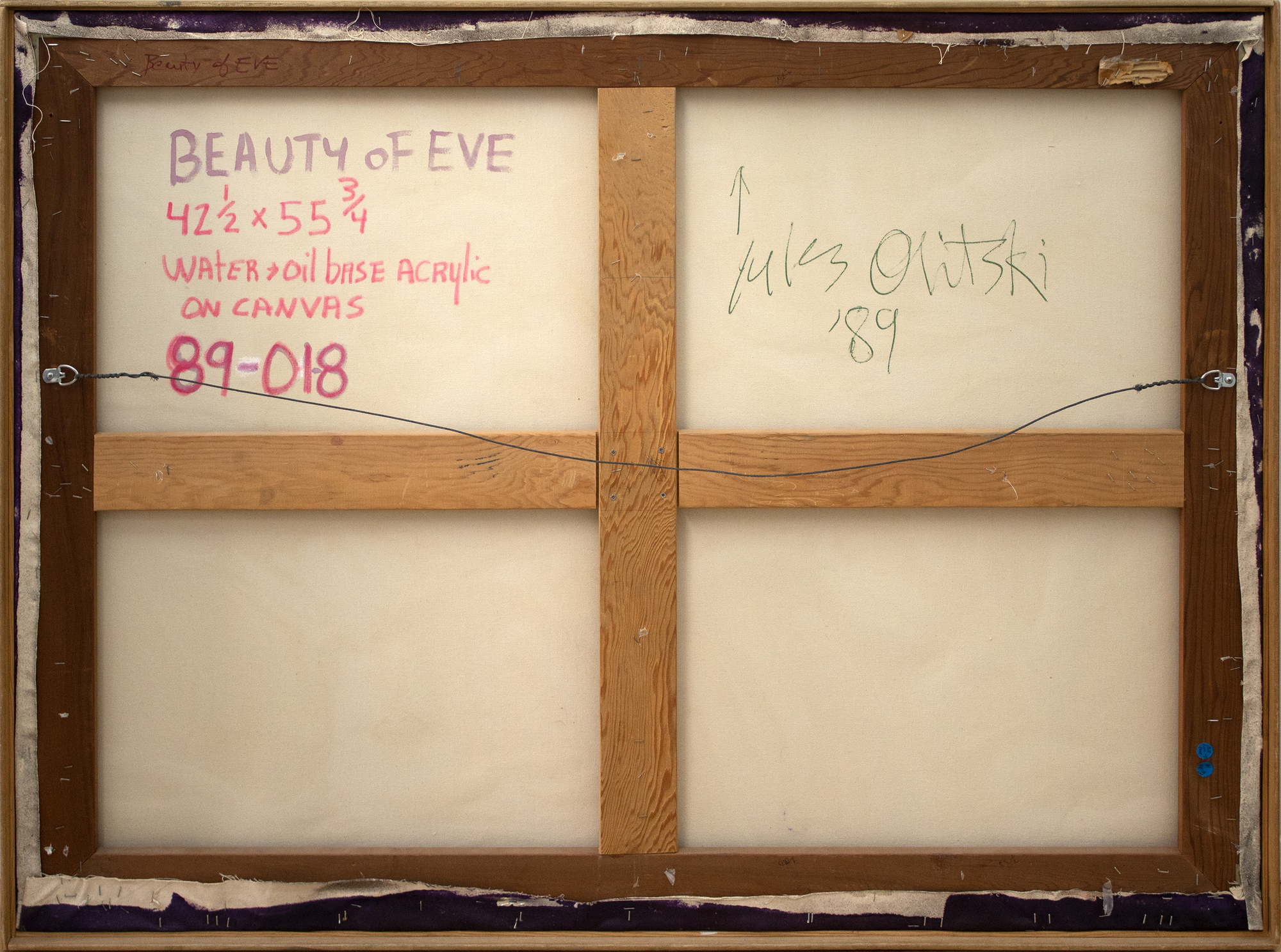 <div><font face=HelveticaNeue size=3 color="#191919">Jules Olitski’s <em>Beauty of Eve</em> (1989) exemplifies the artist’s signature “mitt” paintings, where color field abstraction, gesture, and texture converge into a richly tactile surface. Thick layers of acrylic are applied with expressive movement using unconventional tools such as mitts, brooms, and squeegees to explore the physical depth and material presence of paint. <em>Beauty of Eve</em> captures the height of this experimentation.</font></div><br><br><div>&nbsp;</div><br><br><div><font face=HelveticaNeue size=3 color="#191919">Olitski received major recognition at the Metropolitan Museum of Art in 1969, where he became the first living artist given a solo exhibition at the museum. His work is represented in many major permanent and public collections, including The Boston Museum of Fine Arts, Boston, MA; The Art Institute of Chicago, Chicago, IL; The Hirshhorn Museum and Sculpture Garden, Washington, D.C.; The Museum of Fine Arts, Houston, TX; Tate Modern, London, UK; Toledo Museum of Art, Toledo, OH; The Metropolitan Museum of Art; The Museum of Modern Art; The Solomon R. Guggenheim Museum; and The Whitney Museum of American Art, New York</font></div>