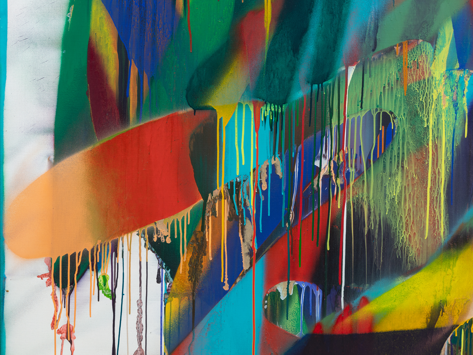 Katharine Grosse's Untitled of 2016 extends our appreciation of an artist who brings the same energy, boldness, and disregard for convention seen in her monumental architectural installations to the traditional medium of paint on canvas. The color explodes, lifted from a complex, richly layered surface of poured applications of paint that run, drizzle, or splatter, radiant transparent veils, and overlapping straps of color misted to create soft gradient transitions. The result is a fascinating impression of spatial depth and three-dimensionality. But it is also a tour de force that reveals Grosse's brilliance in blending chaos and control, spontaneity, and intention. Her range of techniques creates a compelling dialogue between the accidental and the deliberate, a hallmark of her unique style.