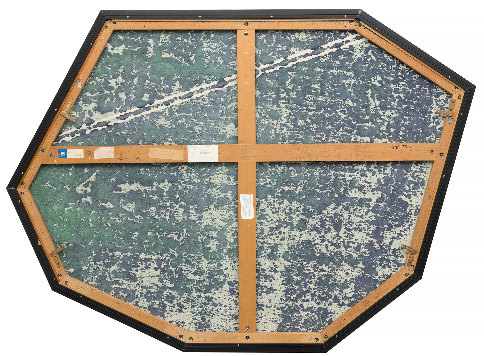 <div><font face=Lato size=3 color=black>Kenneth Noland’s <em>Gray Reflection</em> (1978) comes from the late 1970s, when the artist was deeply engaged with shaped canvases and the refinement of surface and form. The cool slate ground is animated by faint tonal shifts and angled color bands that cut across the polygonal field, creating both balance and quiet momentum.<br><br></font></div><br><br><div><font face=Lato size=3 color=black>This period was far less prolific than his celebrated 1960s circle paintings, making works such as <em>Gray Reflection </em>comparatively rare. While not part of a named series, it resonates with other late-1970s explorations like <em>Burnt Beige </em>at the Cranbrook Art Museum.<br><br></font></div><br><br><div><font face=Lato size=3 color=black>Noland, a central figure of post-painterly abstraction alongside Morris Louis and Helen Frankenthaler, is represented in major museum collections including MoMA, Tate, and the National Gallery of Art.</font></div>