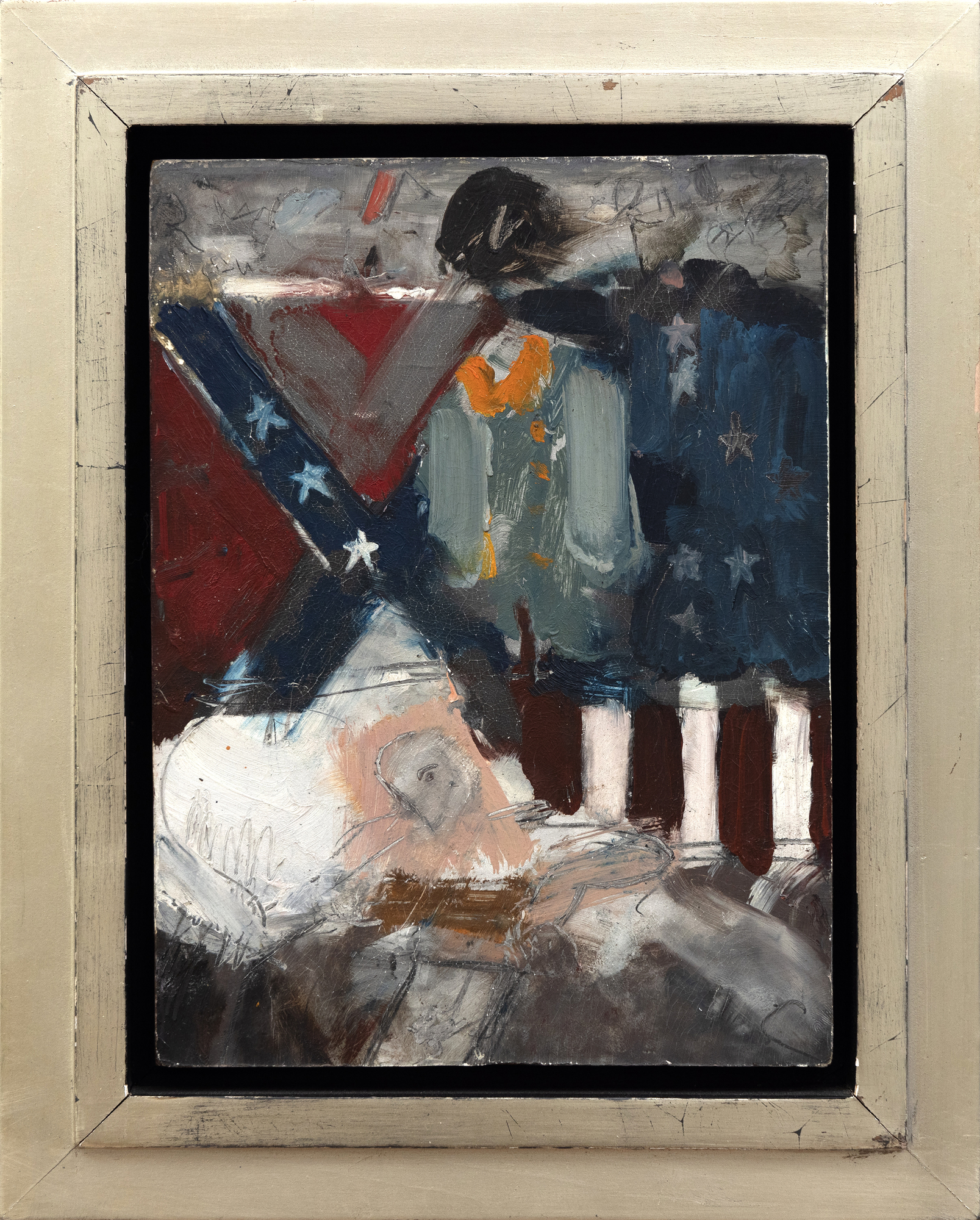 לארי ריברס, הידוע בשילוב אלמנטים של תרבות הפופ עם נושאים היסטוריים החוקרים את המורכבות של הזהות האמריקאית, הזיכרון והזמן החולף היה בעל משיכה בולטת למלחמת האזרחים. הסדרה "ותיקי מלחמת האזרחים האחרונה" החלה ב-1959, בעיצומו של עידן זכויות האזרח, ונלקחה מתצלום של מגזין לייף של אדם שנחשב לוותיק האחרון ששרד מאותו סכסוך. הוותיק, מרותק למיטתו ושוכב מתחת לדגלי הקונפדרציה וארה"ב הטעונים רגשית, מחזיק בנוכחות אוונסנטית המבוטאת באמצעים הפשוטים ביותר. עם פלטת צבעים עשירה ואינטנסיבית ועבודת מכחול דינמית ואקספרסיבית, ריברס מסתיר בחוכמה פרטים עדינים יותר, משאיר הרבה מהנרטיב והאופי המהותיים שלו מעורפלים תוך שמירה על אווירה של חוסר ודאות דו-משמעי.