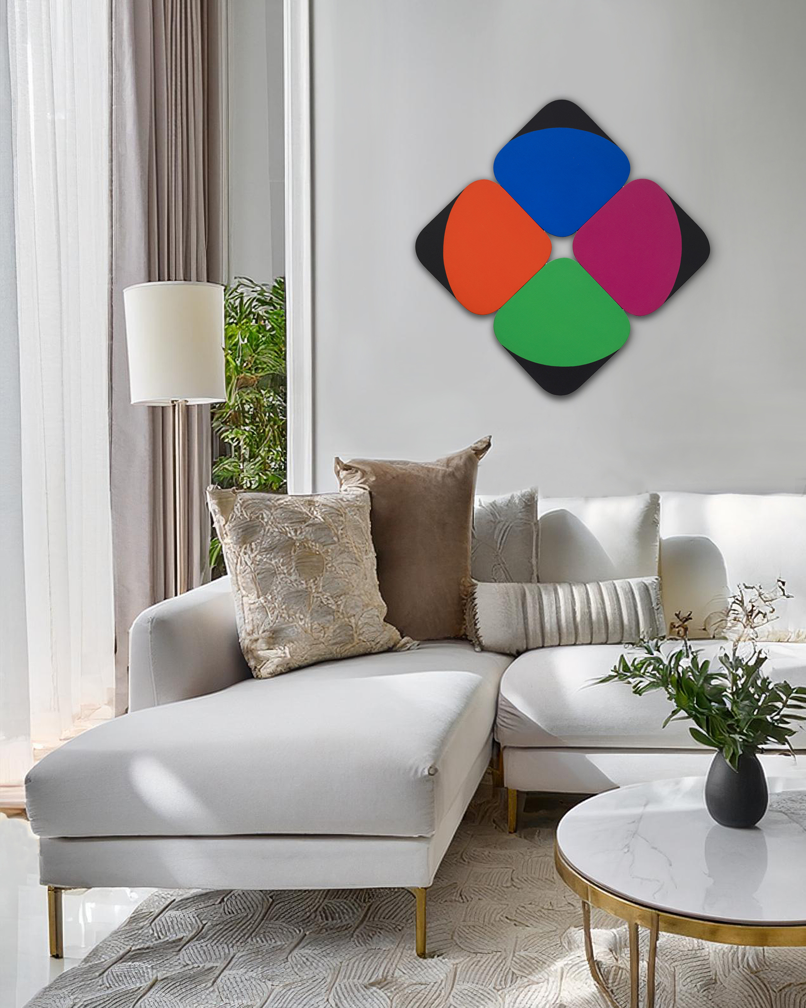 <div><font face=Lato size=3>Leon Polk Smith’s "Constellation Blue Violet Green Red" (1968) is a striking example of the artist’s radical exploration of form and color in postwar abstraction. Executed in acrylic on canvas, the work consists of four rounded-square panels arranged in a diamond formation. Each panel bears a crisp division of color: black at the outer edge, paired with one of four luminous hues—blue, violet, green, and red—creating a rhythmic interplay of symmetry and variation. </font></div>
<br>
<br><div><font face=Lato size=3> </font></div>
<br>
<br><div><font face=Lato size=3>Smith was a central figure in the development of hard-edge painting and geometric abstraction, aligned with contemporaries such as Ellsworth Kelly and Carmen Herrera. His "Constellation" series, begun in the 1960s, was groundbreaking for its use of multiple shaped canvases installed directly on the wall, eschewing traditional frames in favor of compositions that expand dynamically into surrounding space. </font></div>
<br>
<br><div><font face=Lato size=3> </font></div>
<br>
<br><div><font face=Lato size=3>While Smith was highly prolific in both works on paper and monumental single-panel paintings, multi-panel "Constellation" works remain less common within his oeuvre. Today, his paintings are represented in major institutions including The Museum of Modern Art, the Whitney Museum of American Art, and the Brooklyn Museum. In "Constellation Blue Violet Green Red", the clarity of Smith’s vision is on full display—color and geometry united in a constellation that feels both precise and expansive, disciplined yet alive with visual energy. </font></div>