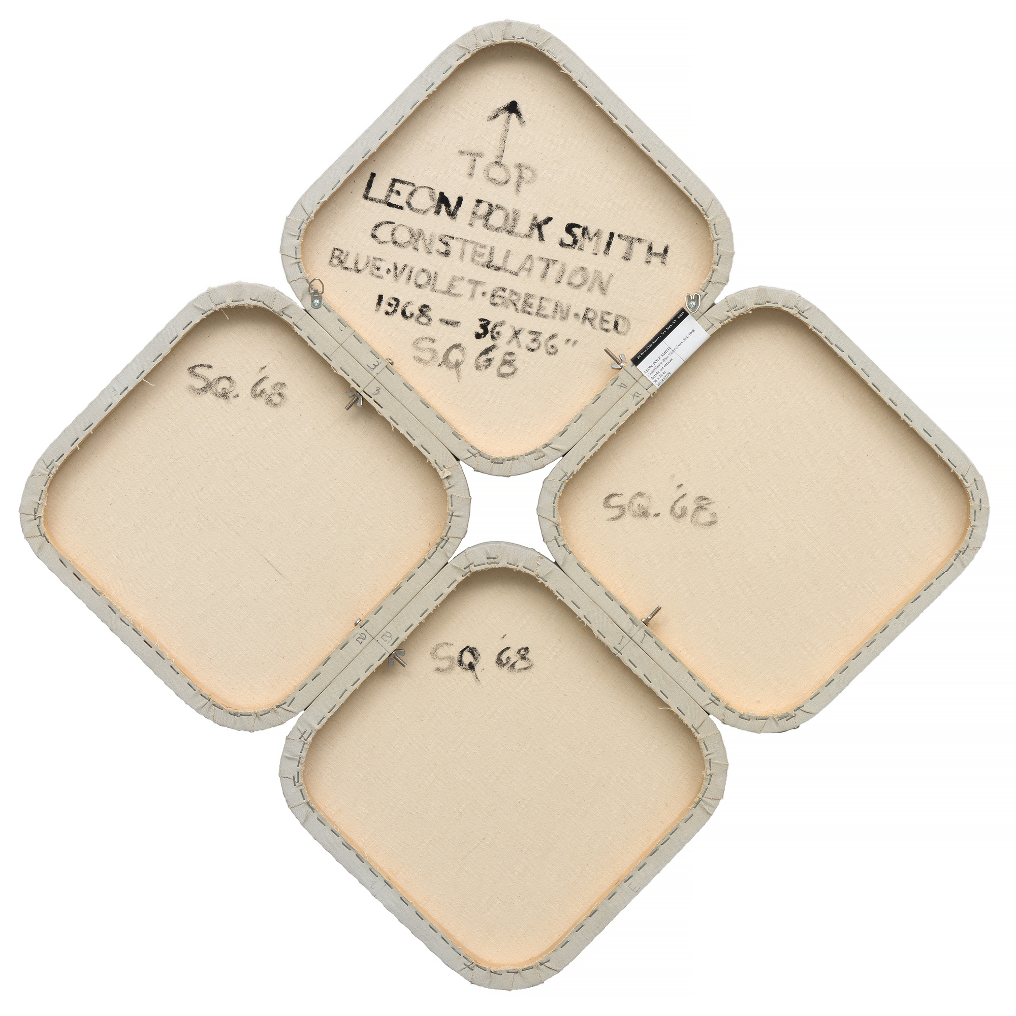 <div><font face=Lato size=3>Leon Polk Smith’s "Constellation Blue Violet Green Red" (1968) is a striking example of the artist’s radical exploration of form and color in postwar abstraction. Executed in acrylic on canvas, the work consists of four rounded-square panels arranged in a diamond formation. Each panel bears a crisp division of color: black at the outer edge, paired with one of four luminous hues—blue, violet, green, and red—creating a rhythmic interplay of symmetry and variation. </font></div>
<br>
<br><div><font face=Lato size=3> </font></div>
<br>
<br><div><font face=Lato size=3>Smith was a central figure in the development of hard-edge painting and geometric abstraction, aligned with contemporaries such as Ellsworth Kelly and Carmen Herrera. His "Constellation" series, begun in the 1960s, was groundbreaking for its use of multiple shaped canvases installed directly on the wall, eschewing traditional frames in favor of compositions that expand dynamically into surrounding space. </font></div>
<br>
<br><div><font face=Lato size=3> </font></div>
<br>
<br><div><font face=Lato size=3>While Smith was highly prolific in both works on paper and monumental single-panel paintings, multi-panel "Constellation" works remain less common within his oeuvre. Today, his paintings are represented in major institutions including The Museum of Modern Art, the Whitney Museum of American Art, and the Brooklyn Museum. In "Constellation Blue Violet Green Red", the clarity of Smith’s vision is on full display—color and geometry united in a constellation that feels both precise and expansive, disciplined yet alive with visual energy. </font></div>