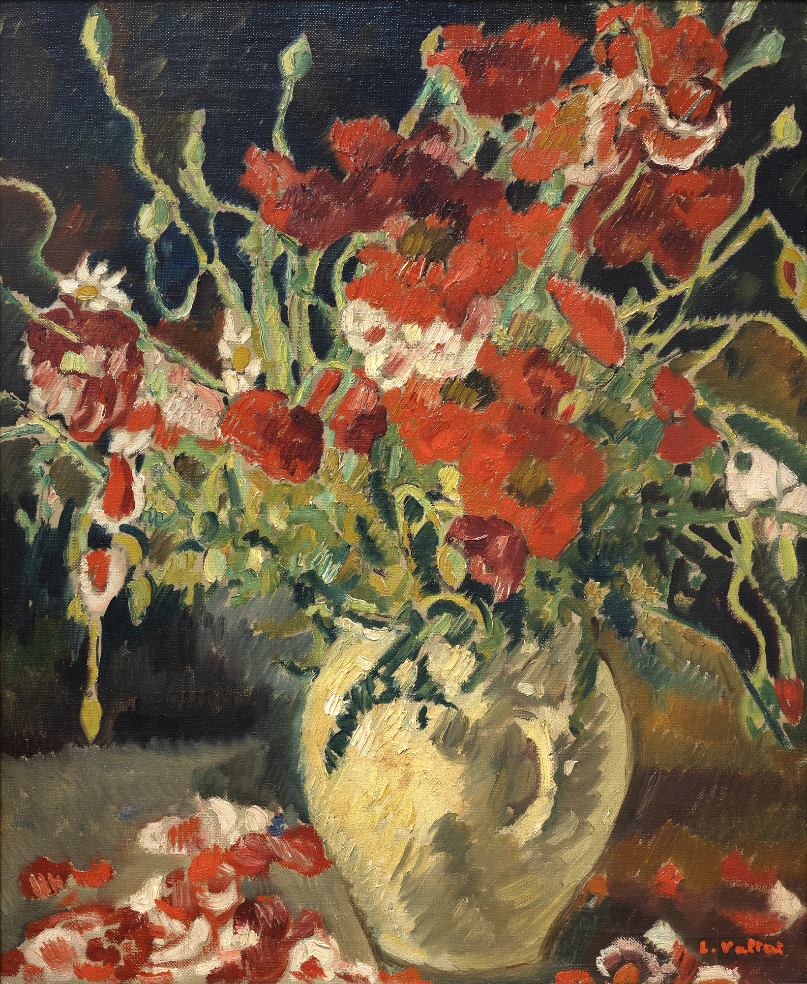 路易-瓦塔特-鹅膏花瓶-布面油画-23 1/2 x 19 英寸。
