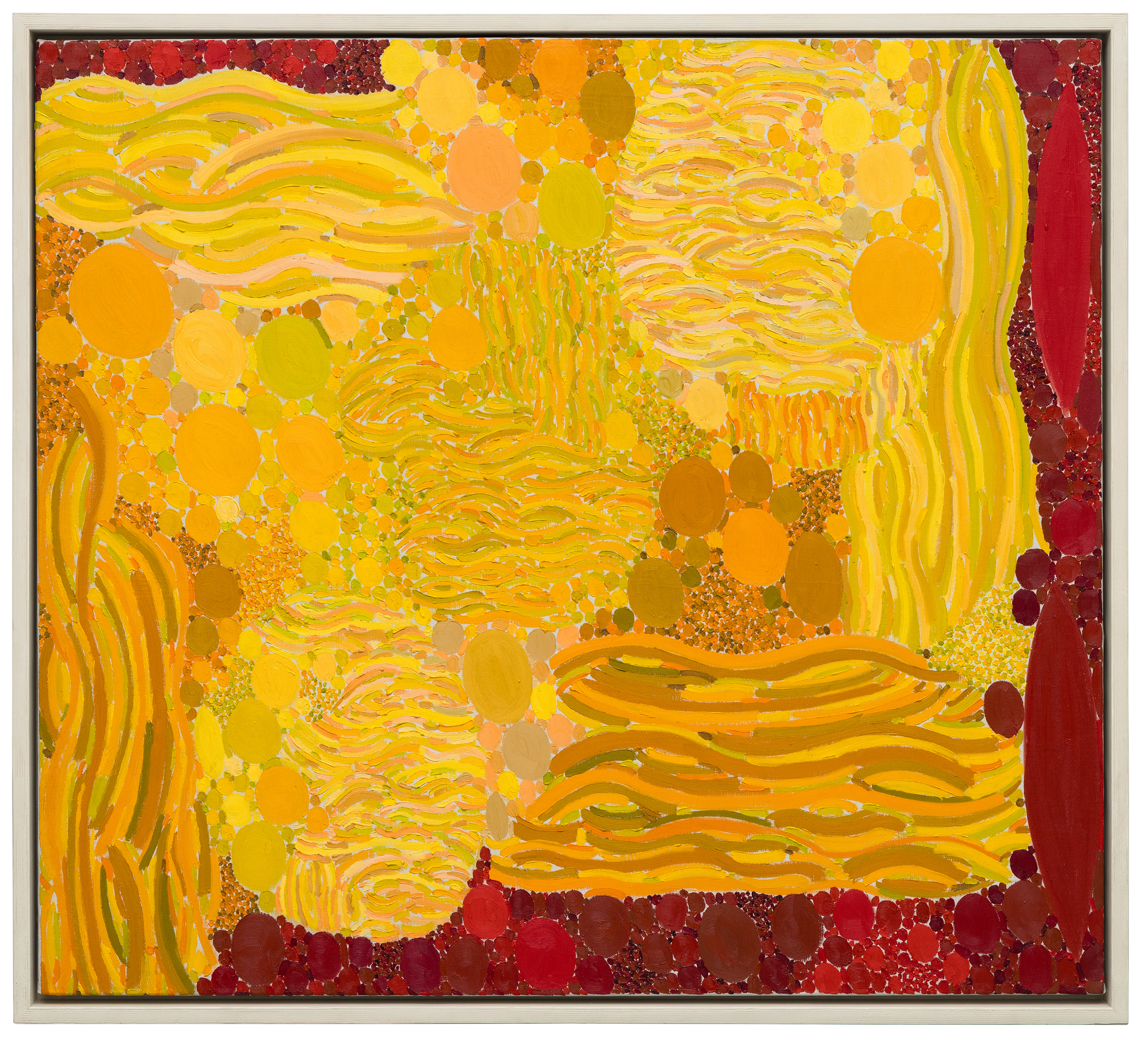 <div><font face=Lato size=3 color=black>Lynne Mapp Drexler’s <em>Spring Sun</em> (1971) exemplifies the vibrant, lyrical abstraction that has brought her renewed recognition in recent years. Composed of concentric circles, cascading brushstrokes, and radiant hues of yellow, orange, and red, the canvas pulses with the rhythm of light and season. Drexler’s painterly vocabulary—layering gestural strokes over pointillist clusters—creates a dynamic surface that evokes both natural phenomena and musical structure, reflecting her lifelong love of symphonic composition.</font></div><br><br><div><font face=Lato size=3>&nbsp;</font></div><br><br><div><font face=Lato size=3 color=black>Painted in 1971, <em>Spring Sun</em> belongs to an important moment in Drexler’s career when she was synthesizing her studies under Hans Hofmann and Robert Motherwell into a personal visual language rooted in color and pattern. The immersive composition suggests not only the brilliance of spring sunlight but also the expressive intensity with which Drexler approached abstraction.</font></div><br><br><div><font face=Lato size=3>&nbsp;</font></div><br><br><div><font face=Lato size=3 color=black>Her contributions have been increasingly recognized by major institutions. The Portland Museum of Art presented a landmark retrospective, <em>Lynne Drexler: Color Notes</em> (2022–2023), and her work has also been exhibited at MoMA PS1 and the Parrish Art Museum. <em>Spring Sun</em> demonstrates why Drexler is now regarded as a vital figure within the second generation of Abstract Expressionists, whose bold use of color and structure continues to resonate with contemporary audiences.</font></div>