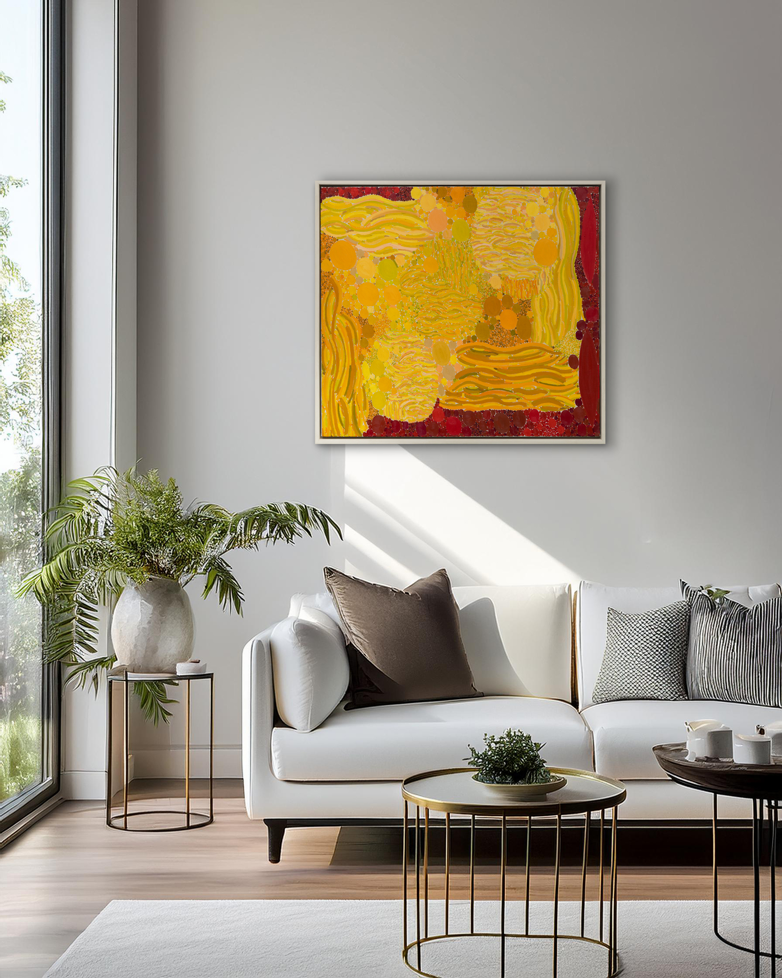 <div><font face=Lato size=3 color=black>Lynne Mapp Drexler’s <em>Spring Sun</em> (1971) exemplifies the vibrant, lyrical abstraction that has brought her renewed recognition in recent years. Composed of concentric circles, cascading brushstrokes, and radiant hues of yellow, orange, and red, the canvas pulses with the rhythm of light and season. Drexler’s painterly vocabulary—layering gestural strokes over pointillist clusters—creates a dynamic surface that evokes both natural phenomena and musical structure, reflecting her lifelong love of symphonic composition.</font></div><br><br><div><font face=Lato size=3>&nbsp;</font></div><br><br><div><font face=Lato size=3 color=black>Painted in 1971, <em>Spring Sun</em> belongs to an important moment in Drexler’s career when she was synthesizing her studies under Hans Hofmann and Robert Motherwell into a personal visual language rooted in color and pattern. The immersive composition suggests not only the brilliance of spring sunlight but also the expressive intensity with which Drexler approached abstraction.</font></div><br><br><div><font face=Lato size=3>&nbsp;</font></div><br><br><div><font face=Lato size=3 color=black>Her contributions have been increasingly recognized by major institutions. The Portland Museum of Art presented a landmark retrospective, <em>Lynne Drexler: Color Notes</em> (2022–2023), and her work has also been exhibited at MoMA PS1 and the Parrish Art Museum. <em>Spring Sun</em> demonstrates why Drexler is now regarded as a vital figure within the second generation of Abstract Expressionists, whose bold use of color and structure continues to resonate with contemporary audiences.</font></div>