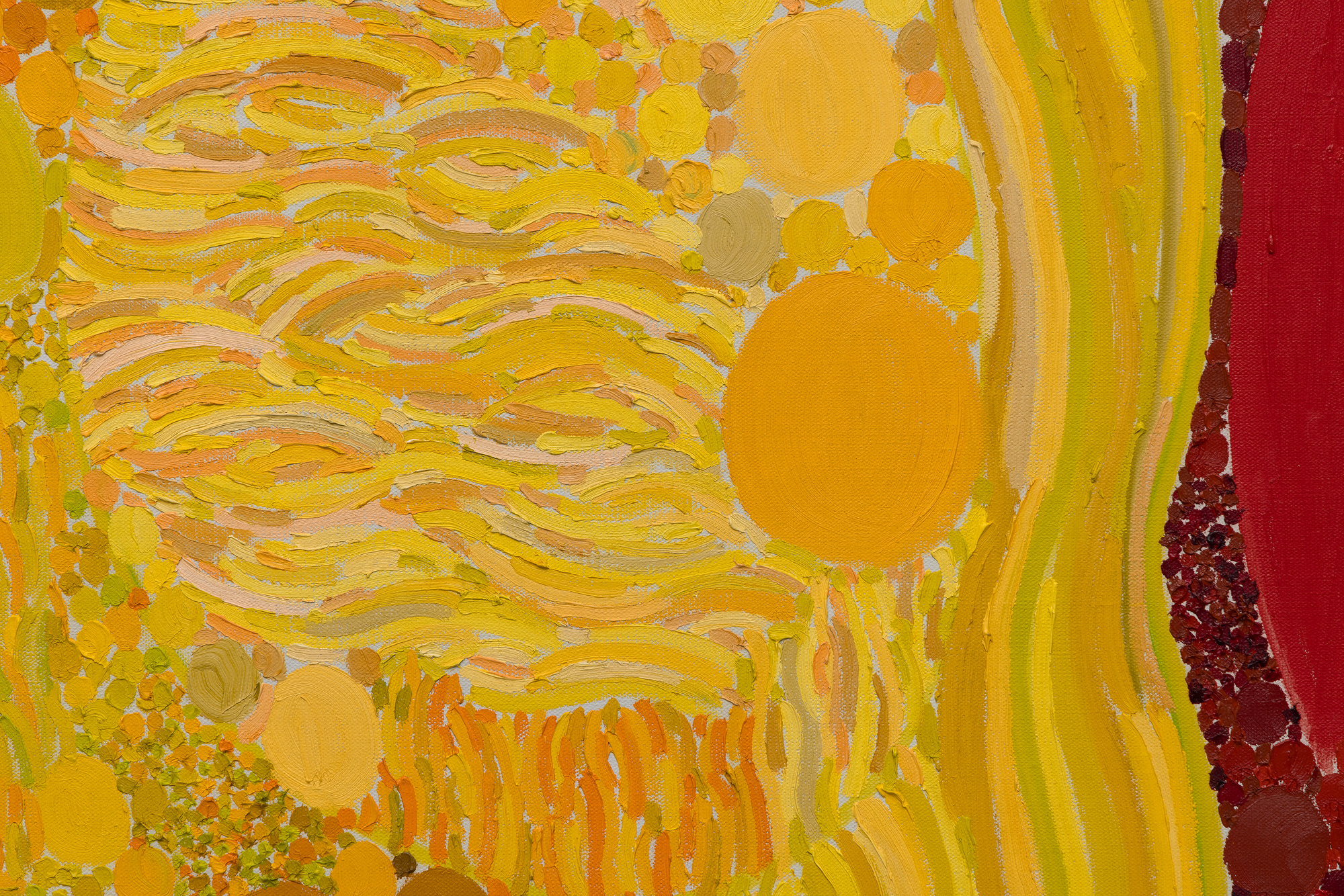 <div><font face=Lato size=3 color=black>Lynne Mapp Drexler’s <em>Spring Sun</em> (1971) exemplifies the vibrant, lyrical abstraction that has brought her renewed recognition in recent years. Composed of concentric circles, cascading brushstrokes, and radiant hues of yellow, orange, and red, the canvas pulses with the rhythm of light and season. Drexler’s painterly vocabulary—layering gestural strokes over pointillist clusters—creates a dynamic surface that evokes both natural phenomena and musical structure, reflecting her lifelong love of symphonic composition.</font></div><br><br><div><font face=Lato size=3>&nbsp;</font></div><br><br><div><font face=Lato size=3 color=black>Painted in 1971, <em>Spring Sun</em> belongs to an important moment in Drexler’s career when she was synthesizing her studies under Hans Hofmann and Robert Motherwell into a personal visual language rooted in color and pattern. The immersive composition suggests not only the brilliance of spring sunlight but also the expressive intensity with which Drexler approached abstraction.</font></div><br><br><div><font face=Lato size=3>&nbsp;</font></div><br><br><div><font face=Lato size=3 color=black>Her contributions have been increasingly recognized by major institutions. The Portland Museum of Art presented a landmark retrospective, <em>Lynne Drexler: Color Notes</em> (2022–2023), and her work has also been exhibited at MoMA PS1 and the Parrish Art Museum. <em>Spring Sun</em> demonstrates why Drexler is now regarded as a vital figure within the second generation of Abstract Expressionists, whose bold use of color and structure continues to resonate with contemporary audiences.</font></div>