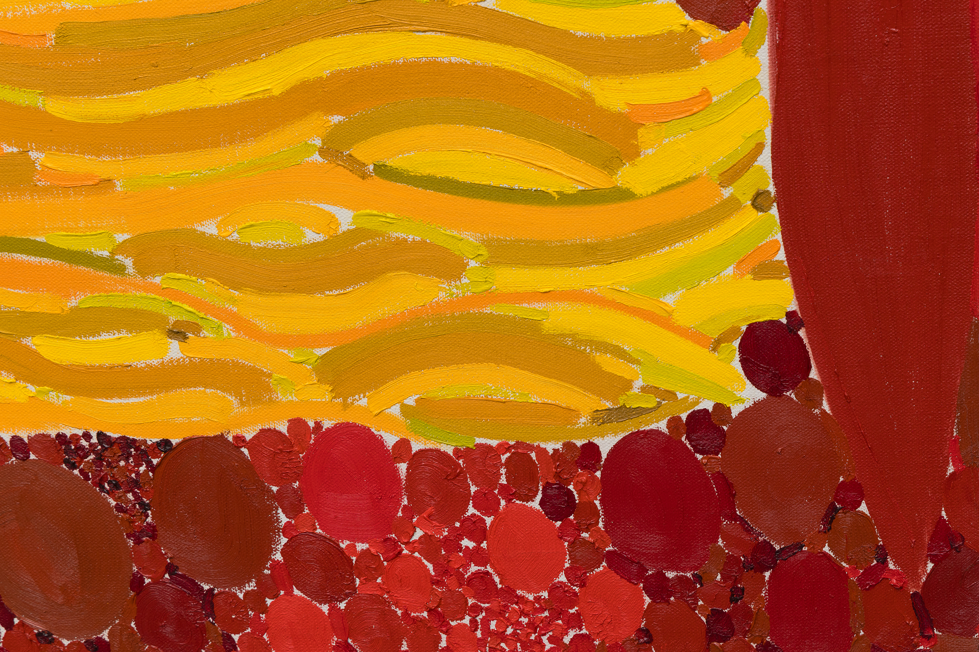 <div><font face=Lato size=3 color=black>Lynne Mapp Drexler’s <em>Spring Sun</em> (1971) exemplifies the vibrant, lyrical abstraction that has brought her renewed recognition in recent years. Composed of concentric circles, cascading brushstrokes, and radiant hues of yellow, orange, and red, the canvas pulses with the rhythm of light and season. Drexler’s painterly vocabulary—layering gestural strokes over pointillist clusters—creates a dynamic surface that evokes both natural phenomena and musical structure, reflecting her lifelong love of symphonic composition.</font></div><br><br><div><font face=Lato size=3>&nbsp;</font></div><br><br><div><font face=Lato size=3 color=black>Painted in 1971, <em>Spring Sun</em> belongs to an important moment in Drexler’s career when she was synthesizing her studies under Hans Hofmann and Robert Motherwell into a personal visual language rooted in color and pattern. The immersive composition suggests not only the brilliance of spring sunlight but also the expressive intensity with which Drexler approached abstraction.</font></div><br><br><div><font face=Lato size=3>&nbsp;</font></div><br><br><div><font face=Lato size=3 color=black>Her contributions have been increasingly recognized by major institutions. The Portland Museum of Art presented a landmark retrospective, <em>Lynne Drexler: Color Notes</em> (2022–2023), and her work has also been exhibited at MoMA PS1 and the Parrish Art Museum. <em>Spring Sun</em> demonstrates why Drexler is now regarded as a vital figure within the second generation of Abstract Expressionists, whose bold use of color and structure continues to resonate with contemporary audiences.</font></div>