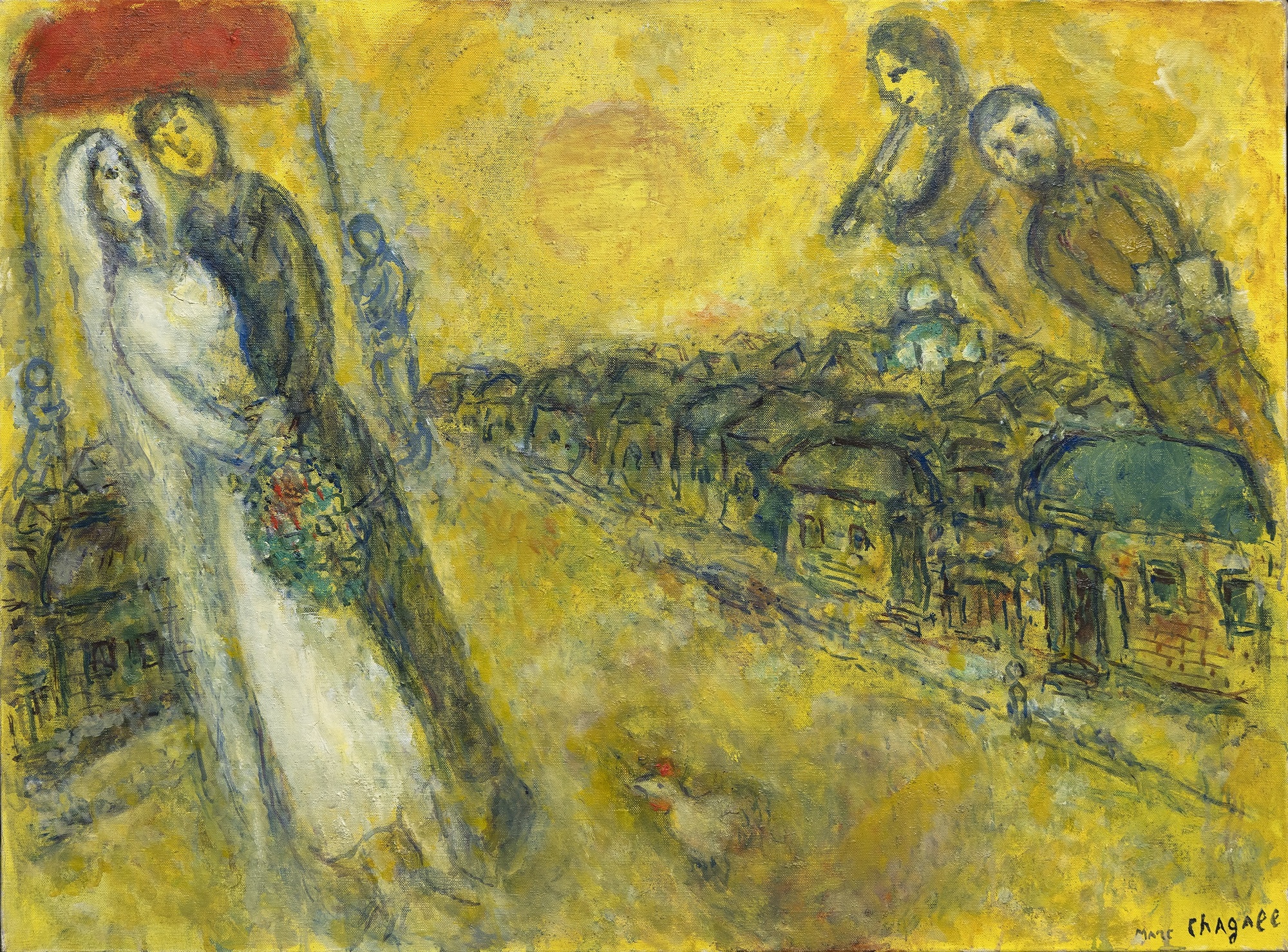 MARC CHAGALL - Les mariés sous le baldaquin The world of Marc Chagall cannot be contained or limited by the labels we attach to it. It is a world of images and meanings which form their own splendidly mystical discourse. Les Mariés sous le baldaquin (The Bride and Groom under the Canopy) was begun as the artist entered his 90th year, a man who had known tragedy and strife, but who never forgot life’s moments of rapturous pleasure. Here, the dreamy delights of a Russian village wedding with its arrangements of well-worn attendees are brought to us with such happy wit and cheerful innocence that there is no resisting its charm. Using a golden toned emulsion combining oil and opaque, water-based gouache, the warmth, happiness, and optimism of Chagall’s usual positivism is wrapped in a luminous radiance suggesting the influence of gold-leaf religious icons or early Renaissance painting that sought to impart the impression of divine light or spiritual enlightenment. Using a combination of oil and gouache can be challenging. But here, in Les Mariés sous le baldaquin, Chagall employs it to give the scene an otherworldly quality, almost as if it has just materialized out of his mind’s eye. Its textural delicacy creates the impression that light is emanating from the work itself and gives a spectral quality to the figures floating the sky.
