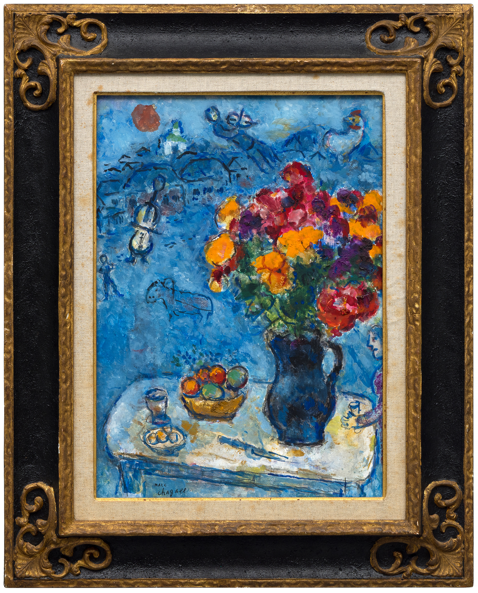 <div><font face=Lato size=3 color=black>Marc Chagall’s <em>Sur la table</em> is a radiant celebration of color, memory, and imagination. Bathed in a deep blue palette, the painting brings together several of the artist’s most beloved motifs: a rooster, violinist, goat, and exuberant bouquet. The composition is animated with Chagall’s signature sense of movement and dreamlike harmony, creating a world where everyday life, folklore, and love coexist in vibrant equilibrium.</font></div><br><br><div>&nbsp;</div><br><br><div><font face=Lato size=3 color=black>Painted in a richly productive period just after Chagall’s return to his homeland in the early 1970s, <em>Sur la table</em> reflects the renewed emotional and visual energy that came from reconnecting with his roots in Vitebsk, represented here by the white domed church in the distance. The expansive bouquet, one of Chagall’s enduring symbols of love for his first wife, Bella, dominates the foreground and infuses the work with emotional warmth and vitality.</font></div><br><br><div>&nbsp;</div><br><br><div><font face=Lato size=3 color=black>The painting remained in Chagall’s own collection and estate until after his death in 1985, underscoring its personal significance. Authenticated by the Comité Marc Chagall, <em>Sur la table</em> belongs to a lineage of floral and symbolic compositions that define his mature work.</font></div>