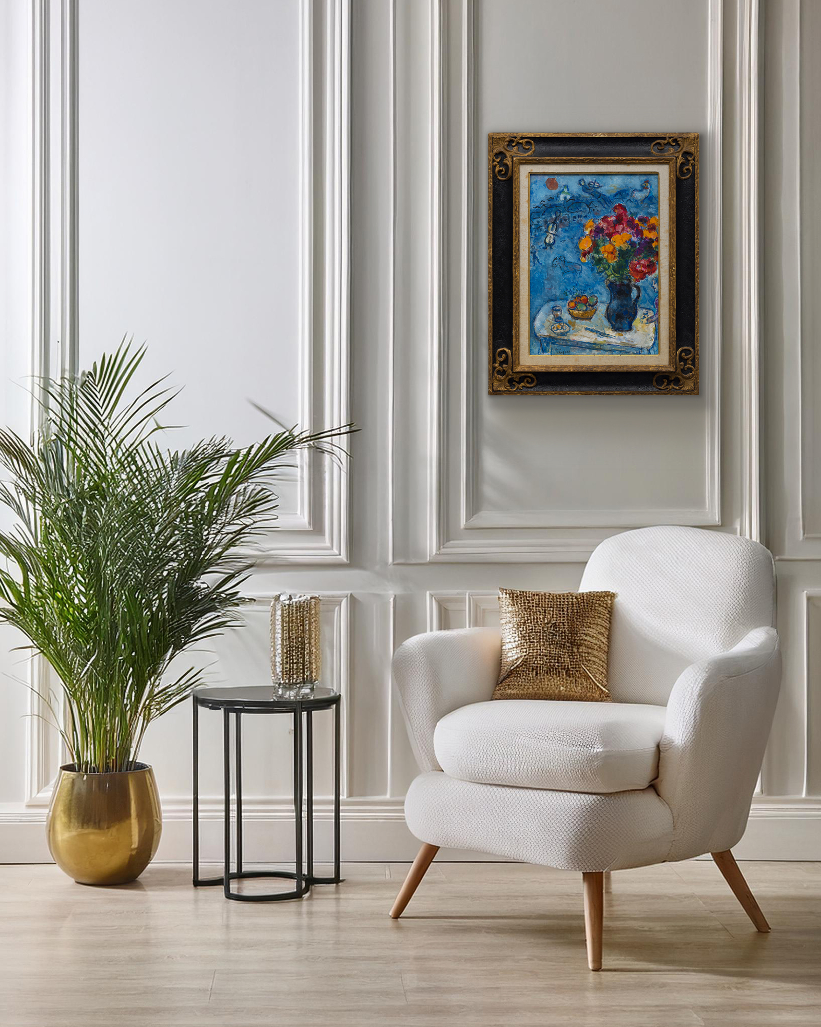 <div><font face=Lato size=3 color=black>Marc Chagall’s <em>Sur la table</em> is a radiant celebration of color, memory, and imagination. Bathed in a deep blue palette, the painting brings together several of the artist’s most beloved motifs: a rooster, violinist, goat, and exuberant bouquet. The composition is animated with Chagall’s signature sense of movement and dreamlike harmony, creating a world where everyday life, folklore, and love coexist in vibrant equilibrium.</font></div><br><br><div>&nbsp;</div><br><br><div><font face=Lato size=3 color=black>Painted in a richly productive period just after Chagall’s return to his homeland in the early 1970s, <em>Sur la table</em> reflects the renewed emotional and visual energy that came from reconnecting with his roots in Vitebsk, represented here by the white domed church in the distance. The expansive bouquet, one of Chagall’s enduring symbols of love for his first wife, Bella, dominates the foreground and infuses the work with emotional warmth and vitality.</font></div><br><br><div>&nbsp;</div><br><br><div><font face=Lato size=3 color=black>The painting remained in Chagall’s own collection and estate until after his death in 1985, underscoring its personal significance. Authenticated by the Comité Marc Chagall, <em>Sur la table</em> belongs to a lineage of floral and symbolic compositions that define his mature work.</font></div>