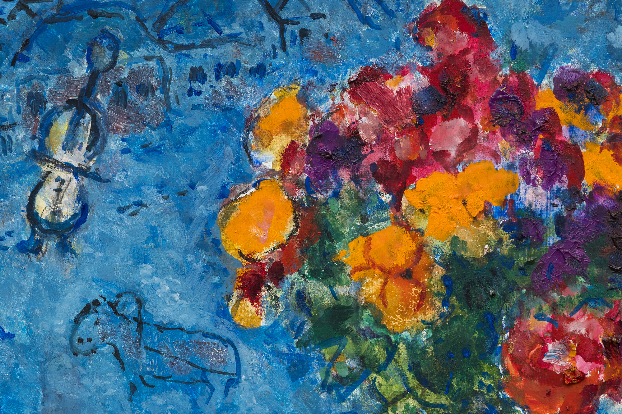 <div><font face=Lato size=3 color=black>Marc Chagall’s <em>Sur la table</em> is a radiant celebration of color, memory, and imagination. Bathed in a deep blue palette, the painting brings together several of the artist’s most beloved motifs: a rooster, violinist, goat, and exuberant bouquet. The composition is animated with Chagall’s signature sense of movement and dreamlike harmony, creating a world where everyday life, folklore, and love coexist in vibrant equilibrium.</font></div><br><br><div>&nbsp;</div><br><br><div><font face=Lato size=3 color=black>Painted in a richly productive period just after Chagall’s return to his homeland in the early 1970s, <em>Sur la table</em> reflects the renewed emotional and visual energy that came from reconnecting with his roots in Vitebsk, represented here by the white domed church in the distance. The expansive bouquet, one of Chagall’s enduring symbols of love for his first wife, Bella, dominates the foreground and infuses the work with emotional warmth and vitality.</font></div><br><br><div>&nbsp;</div><br><br><div><font face=Lato size=3 color=black>The painting remained in Chagall’s own collection and estate until after his death in 1985, underscoring its personal significance. Authenticated by the Comité Marc Chagall, <em>Sur la table</em> belongs to a lineage of floral and symbolic compositions that define his mature work.</font></div>