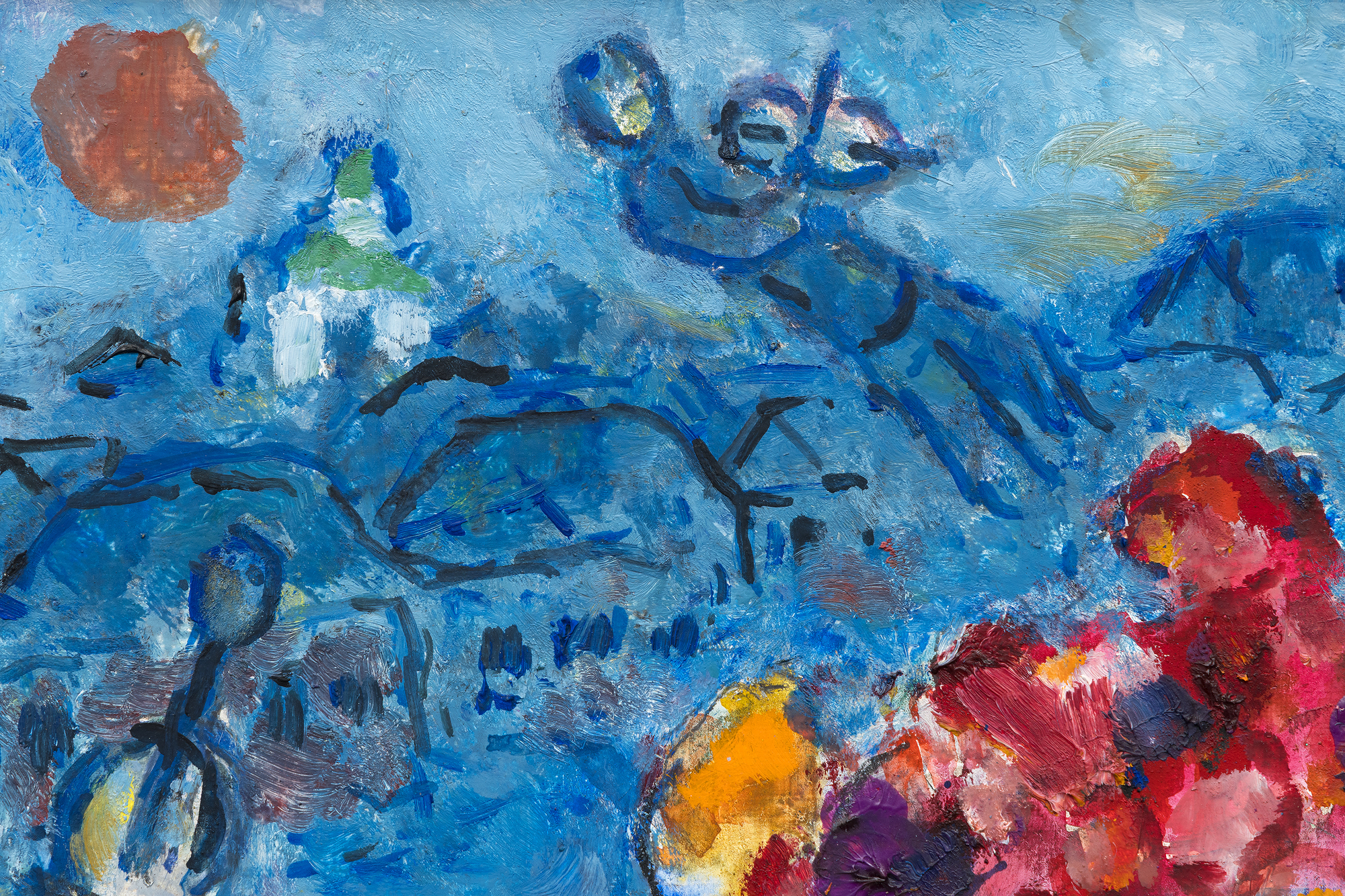 <div><font face=Lato size=3 color=black>Marc Chagall’s <em>Sur la table</em> is a radiant celebration of color, memory, and imagination. Bathed in a deep blue palette, the painting brings together several of the artist’s most beloved motifs: a rooster, violinist, goat, and exuberant bouquet. The composition is animated with Chagall’s signature sense of movement and dreamlike harmony, creating a world where everyday life, folklore, and love coexist in vibrant equilibrium.</font></div><br><br><div>&nbsp;</div><br><br><div><font face=Lato size=3 color=black>Painted in a richly productive period just after Chagall’s return to his homeland in the early 1970s, <em>Sur la table</em> reflects the renewed emotional and visual energy that came from reconnecting with his roots in Vitebsk, represented here by the white domed church in the distance. The expansive bouquet, one of Chagall’s enduring symbols of love for his first wife, Bella, dominates the foreground and infuses the work with emotional warmth and vitality.</font></div><br><br><div>&nbsp;</div><br><br><div><font face=Lato size=3 color=black>The painting remained in Chagall’s own collection and estate until after his death in 1985, underscoring its personal significance. Authenticated by the Comité Marc Chagall, <em>Sur la table</em> belongs to a lineage of floral and symbolic compositions that define his mature work.</font></div>
