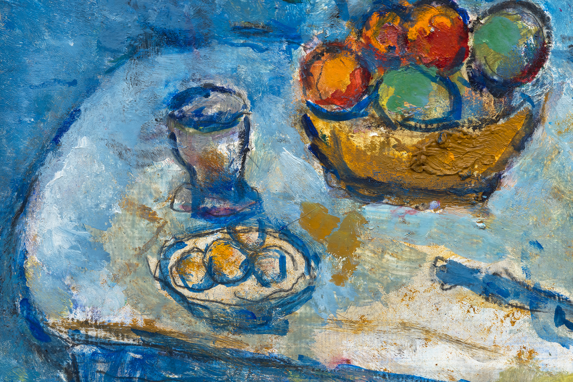 <div><font face=Lato size=3 color=black>Marc Chagall’s <em>Sur la table</em> is a radiant celebration of color, memory, and imagination. Bathed in a deep blue palette, the painting brings together several of the artist’s most beloved motifs: a rooster, violinist, goat, and exuberant bouquet. The composition is animated with Chagall’s signature sense of movement and dreamlike harmony, creating a world where everyday life, folklore, and love coexist in vibrant equilibrium.</font></div><br><br><div>&nbsp;</div><br><br><div><font face=Lato size=3 color=black>Painted in a richly productive period just after Chagall’s return to his homeland in the early 1970s, <em>Sur la table</em> reflects the renewed emotional and visual energy that came from reconnecting with his roots in Vitebsk, represented here by the white domed church in the distance. The expansive bouquet, one of Chagall’s enduring symbols of love for his first wife, Bella, dominates the foreground and infuses the work with emotional warmth and vitality.</font></div><br><br><div>&nbsp;</div><br><br><div><font face=Lato size=3 color=black>The painting remained in Chagall’s own collection and estate until after his death in 1985, underscoring its personal significance. Authenticated by the Comité Marc Chagall, <em>Sur la table</em> belongs to a lineage of floral and symbolic compositions that define his mature work.</font></div>