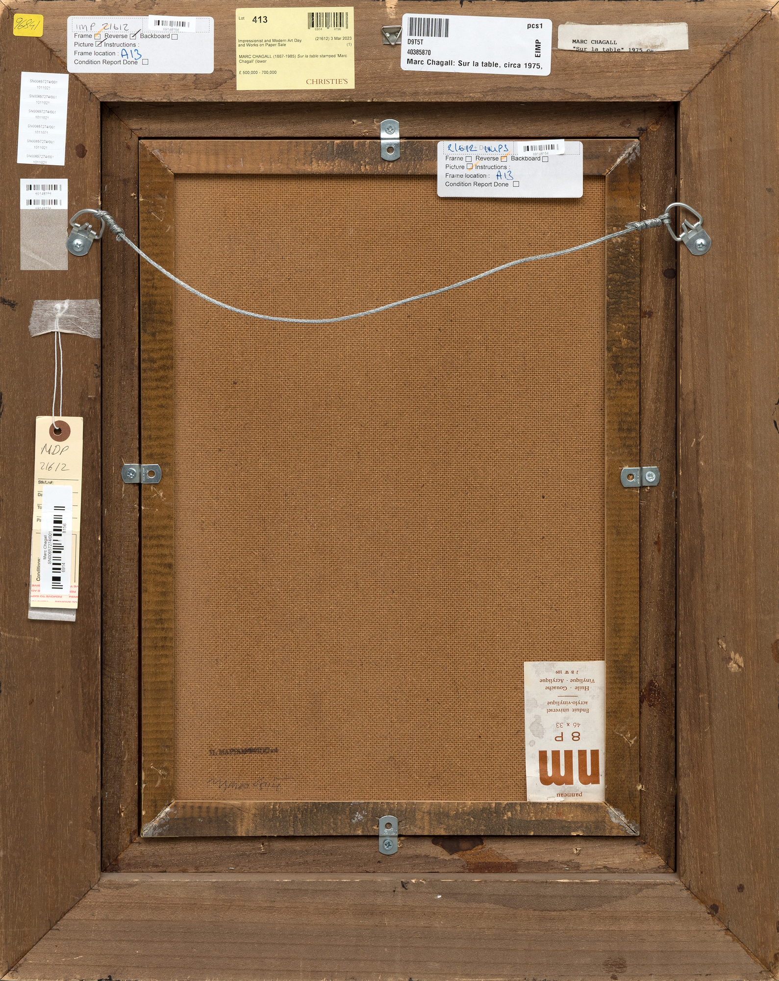 <div><font face=Lato size=3 color=black>Marc Chagall’s <em>Sur la table</em> is a radiant celebration of color, memory, and imagination. Bathed in a deep blue palette, the painting brings together several of the artist’s most beloved motifs: a rooster, violinist, goat, and exuberant bouquet. The composition is animated with Chagall’s signature sense of movement and dreamlike harmony, creating a world where everyday life, folklore, and love coexist in vibrant equilibrium.</font></div><br><br><div>&nbsp;</div><br><br><div><font face=Lato size=3 color=black>Painted in a richly productive period just after Chagall’s return to his homeland in the early 1970s, <em>Sur la table</em> reflects the renewed emotional and visual energy that came from reconnecting with his roots in Vitebsk, represented here by the white domed church in the distance. The expansive bouquet, one of Chagall’s enduring symbols of love for his first wife, Bella, dominates the foreground and infuses the work with emotional warmth and vitality.</font></div><br><br><div>&nbsp;</div><br><br><div><font face=Lato size=3 color=black>The painting remained in Chagall’s own collection and estate until after his death in 1985, underscoring its personal significance. Authenticated by the Comité Marc Chagall, <em>Sur la table</em> belongs to a lineage of floral and symbolic compositions that define his mature work.</font></div>