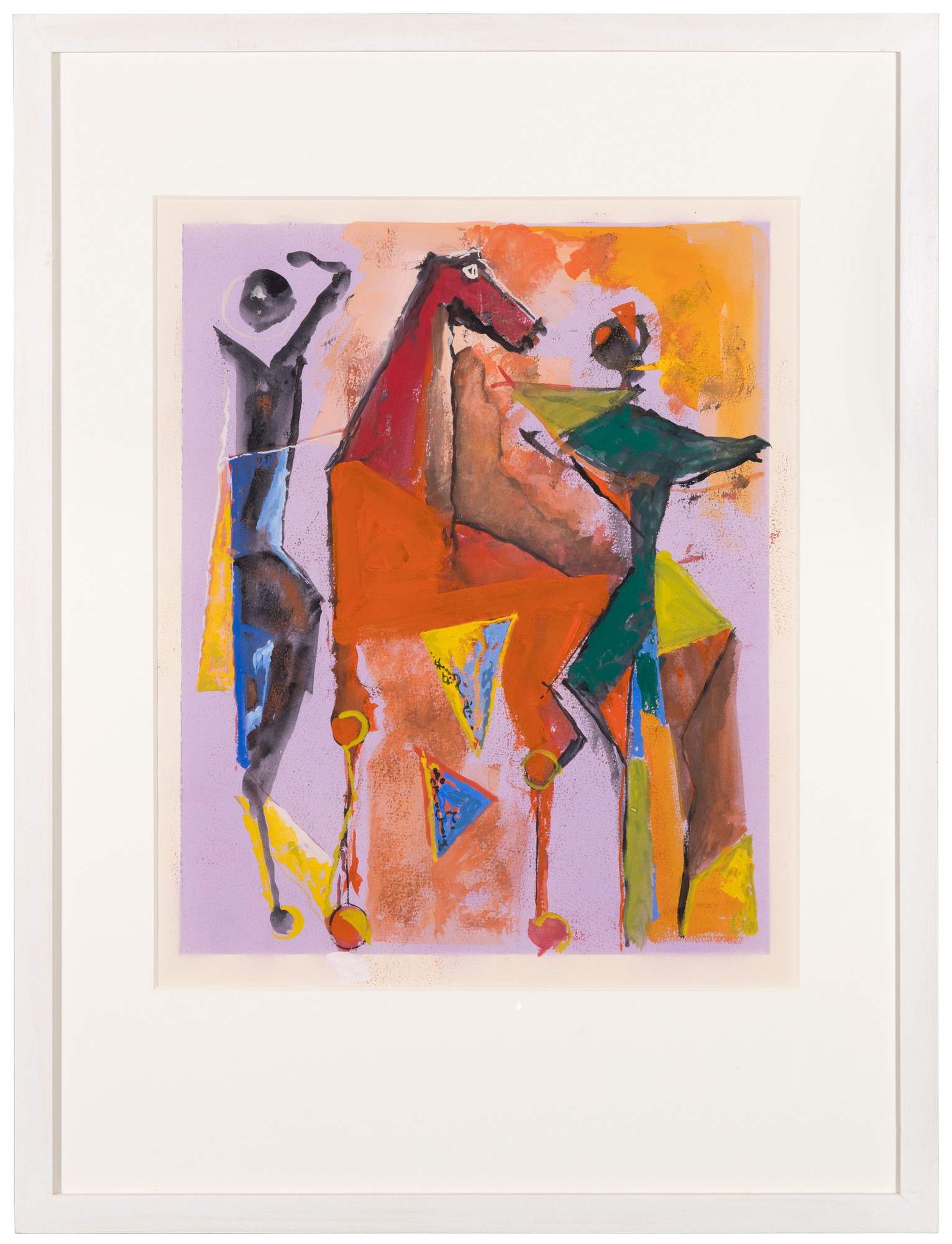 <div>Marino Marini’s <em>Marino from Shakespeare I </em>(1977) is a vibrant and theatrically charged work on paper, executed in tempera over aquatint and drawn from the celebrated Marino from Shakespeare portfolio. The composition is animated by bold, gestural forms and a heightened palette of oranges, yellows, reds, and lilac that infuse the scene with dramatic urgency. A central equine form dominates the image, flanked by attenuated human figures whose raised arms and angled bodies suggest performance, confrontation, or ritualized movement. </div><br><br><div>&nbsp;</div><br><br><div>Although the title references Shakespeare, the connection is thematic rather than illustrative. Marini evokes the emotional intensity and existential drama associated with Shakespearean tragedy—conflict, power, instability—through dynamic relationships rather than narrative detail. The horse and rider, a recurring motif throughout Marini’s career, function here as symbolic protagonists rather than literal subjects. As the artist himself noted, “My equestrian figures are symbols of the anguish that I feel when I survey contemporary events,” and this sense of unease is palpable in the fractured forms and off-balance poses that animate the composition. </div><br><br><div>&nbsp;</div><br><br><div>Best known as one of the great sculptors of the twentieth century, Marini demonstrates in this suite his mastery of printmaking as an expressive language. The combination of aquatint’s tonal depth with painterly applications of tempera allows for both structural clarity and emotional immediacy. <em>Marino from Shakespeare I </em>stands as a compelling example of Marini’s late graphic work, translating his sculptural vocabulary into a vivid, modern meditation on the human condition. </div>