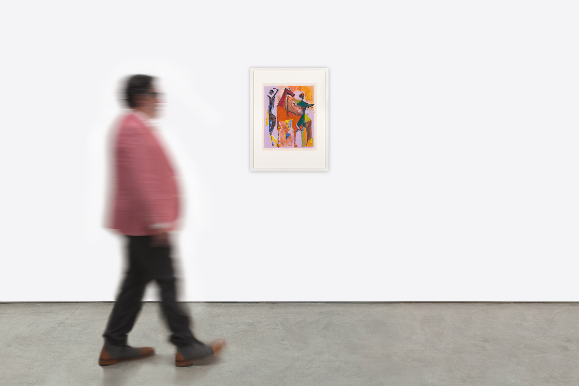 <div>Marino Marini’s <em>Marino from Shakespeare I </em>(1977) is a vibrant and theatrically charged work on paper, executed in tempera over aquatint and drawn from the celebrated Marino from Shakespeare portfolio. The composition is animated by bold, gestural forms and a heightened palette of oranges, yellows, reds, and lilac that infuse the scene with dramatic urgency. A central equine form dominates the image, flanked by attenuated human figures whose raised arms and angled bodies suggest performance, confrontation, or ritualized movement. </div><br><br><div>&nbsp;</div><br><br><div>Although the title references Shakespeare, the connection is thematic rather than illustrative. Marini evokes the emotional intensity and existential drama associated with Shakespearean tragedy—conflict, power, instability—through dynamic relationships rather than narrative detail. The horse and rider, a recurring motif throughout Marini’s career, function here as symbolic protagonists rather than literal subjects. As the artist himself noted, “My equestrian figures are symbols of the anguish that I feel when I survey contemporary events,” and this sense of unease is palpable in the fractured forms and off-balance poses that animate the composition. </div><br><br><div>&nbsp;</div><br><br><div>Best known as one of the great sculptors of the twentieth century, Marini demonstrates in this suite his mastery of printmaking as an expressive language. The combination of aquatint’s tonal depth with painterly applications of tempera allows for both structural clarity and emotional immediacy. <em>Marino from Shakespeare I </em>stands as a compelling example of Marini’s late graphic work, translating his sculptural vocabulary into a vivid, modern meditation on the human condition. </div>