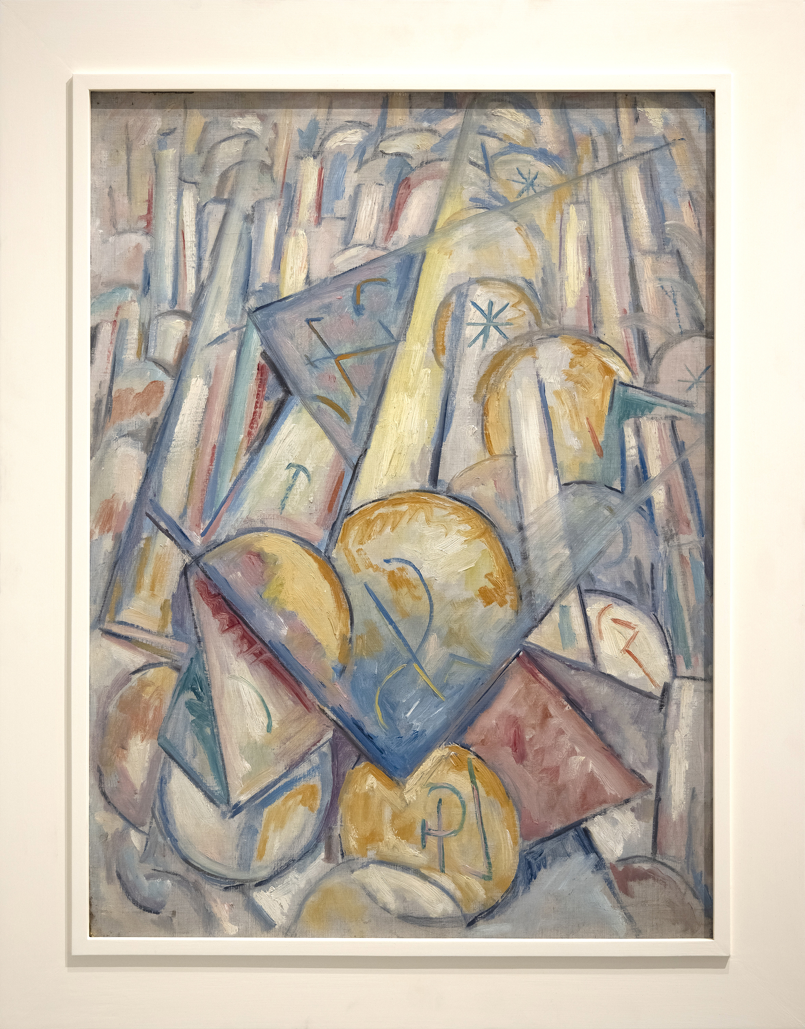 Shortly after arriving in Paris by April 1912, Marsden Hartley received an invitation. It had come from Gertrude Stein and what he saw at her 27 rue de Fleurus flat stunned him. Despite his presumptions and preparedness, “I had to get used to so much of everything all at once…a room full of staggering pictures, a room full of strangers and two remarkable looking women, Alice and Gertrude Stein…I went often I think after that on Saturday evenings — always thinking, in my reserved New England tone, ‘ how do people do things like that — let everyone in off the street to look at their pictures?… So one got to see a vast array of astounding pictures — all burning with life and new ideas — and as strange as the ideas seemed to be — all of them terrifically stimulating — a new kind of words for an old theme.” (Susan Elizabeth Ryan, The Autobiography of Marsden Hartley, pg. 77)<br><br>The repeated visits had a profound effect. Later that year, Hartley was clearly disappointed when Arthur B. Davies and Walt Kuhn chose two of his still-life paintings for the upcoming New York Armory show in February 1913. “He (Kuhn) speaks highly of them (but) I would not have chosen them myself chiefly because I am so interested at this time in the directly abstract things of the present. But Davies says that no American has done this kind of thing and they would (not) serve me and the exhibition best at this time.” (Correspondence, Marsden Hartley to Alfred Stieglitz, early November 1912) A month later, he announced his departure from formal representationalism in “favor of intuitive abstraction…a variety of expression I find to be closest to my temperament and ideals. It is not like anything here. It is not like Picasso, it is not like Kandinsky, not like any cubism. For want of a better name, subliminal or cosmic cubism.” (Correspondence, Marsden Hartley to Alfred Stieglitz, December 1912)<br><br>At the time, Hartley consumed Wassily Kandinsky’s recently published treatise Uber das Geistige in der Kunst (The Art of Spiritual Harmony) and Stieglitz followed the artist’s thoughts with great interest. For certain, they both embraced musical analogy as an opportunity for establishing a new visual language of abstraction. Their shared interest in the synergetic effects of music and art can be traced to at least 1909 when Hartley exhibited landscape paintings of Maine under titles such as “Songs of Autumn” and “Songs of Winter” at the 291 Gallery. The gravity of Hartley’s response to the treatise likely sparked Stieglitz’s determination to purchase Kandinsky’s seminal painting Improvisation no. 27 (Garden of Love II) at the Armory Show. As for Hartley, he announced to his niece his conviction that an aural/vision synesthetic pairing of art and music was a way forward for modern art. “Did you ever hear of anyone trying to paint music — or the equivalent of sound in color?…there is only one artist in Europe working on it (Wassily Kandinsky) and he is a pure theorist and his work is quite without feeling — whereas I work wholly from intuition and the subliminal.” (D. Cassidy, Painting the Musical City: Jazz and Cultural Identity in American Art, Washington, D.C., pg. 6)<br><br>In Paris, during 1912 and 1913 Hartley was inspired to create a series of six musically themed oil paintings, the first of which, Bach Preludes et Fugues, no. 1 (Musical Theme), incorporates strong Cubist elements as well as Kandinsky’s essential spirituality and synesthesia. Here, incorporating both elements seems particularly appropriate. Whereas Kandinsky’s concepts were inspired by Arnold Schoenberg’s twelve-tone method of composition whereby no note could be reused until the other eleven had been played, Hartley chose Bach’s highly structured, rigorously controlled twenty-four Preludes and Fugues from his Well-Tempered Clavier, each of which establishes an absolute tonality. The towering grid of Bach Preludes et Fugues, no. 1 suggests the formal structure of an organ, its pipes ever-rising under a high, vaulted church ceiling to which Hartley extends an invitation to stand within the lower portion of the picture plane amongst the triangular and circular ‘sound tesserae’ and absorb its essential sonority and deeply reverberating sound. All of it is cast with gradients of color that conjures an impression of Cézanne’s conceptual approach rather than Picasso’s, Analytic Cubism. Yet Bach Preludes et Fugues, no. 1, in its entirety suggests the formal structural of Picasso’s Maisons à Horta (Houses on the Hill, Horta de Ebro), one of the many Picasso paintings Gertrude Stein owned and presumably staged in her residence on the many occasions he came to visit.