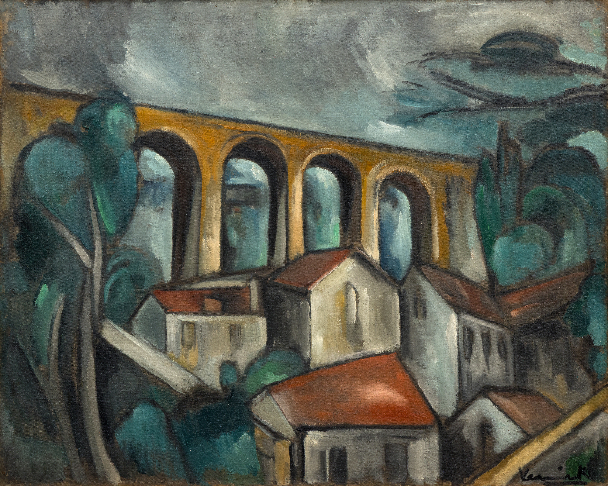 MAURICE DE VLAMINCK - Le Viaduc de Saint-Germain-en-Laye <div><font face=Lato size=3>Maurice de Vlaminck’s <em>Le Viaduc de Saint-Germain-en-Laye</em> (circa 1910-1911), an arresting oil on canvas framed in ornate gold, captures the industrial elegance of a viaduct west of Paris. This work, set to be included in the forthcoming catalogue raisonné by the Wildenstein Plattner Institute, reflects Vlaminck’s fascination with the Saint-Germain area. Known for painting its urban landscapes and Seine-side scenes, he infused this particular scene with angular Cubist elements gaining traction in early 20th-century art. The viaduct, built in the 1880s to carry the Paris-Saint-Germain railway line, looms with golden arches against a turbulent gray sky, its unyielding structure juxtaposed with the fractured rooflines of quaint village houses. </font></div>
<br>
<br><div><font face=Lato size=3> </font></div>
<br>
<br><div><font face=Lato size=3>Vlaminck’s bold brushstrokes and muted palette create a textured, almost sculptural effect, with trees and rooftops rendered in dynamic, faceted shapes. The overcast sky enhances the scene’s ambient intensity, while the viaduct’s arches dominate, symbolizing modernity amid rural charm. This work exemplifies his early Fauvist roots evolving into Cubist influences, showcasing a pioneering style. </font></div>
<br>
<br><div><font face=Lato size=3> </font></div>
<br>
<br><div><font face=Lato size=3>A resident of the region, Vlaminck frequently depicted its evolving landscape, blending tradition with innovation. "Le Viaduc de Saint-Germain-en-Laye" offers collectors a rare glimpse into his transformative period. Its striking composition and historical context make it a compelling addition to any collection, celebrating Vlaminck’s contribution to modern art’s development. </font></div>