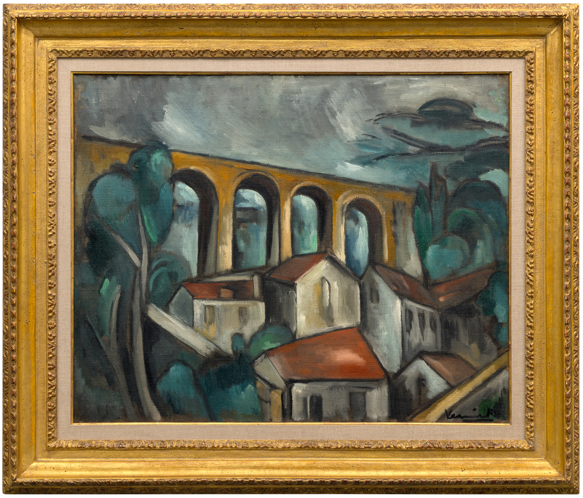 MAURICE DE VLAMINCK - Le Viaduc de Saint-Germain-en-Laye <div><font face=Lato size=3>Maurice de Vlaminck’s <em>Le Viaduc de Saint-Germain-en-Laye</em> (circa 1910-1911), an arresting oil on canvas framed in ornate gold, captures the industrial elegance of a viaduct west of Paris. This work, set to be included in the forthcoming catalogue raisonné by the Wildenstein Plattner Institute, reflects Vlaminck’s fascination with the Saint-Germain area. Known for painting its urban landscapes and Seine-side scenes, he infused this particular scene with angular Cubist elements gaining traction in early 20th-century art. The viaduct, built in the 1880s to carry the Paris-Saint-Germain railway line, looms with golden arches against a turbulent gray sky, its unyielding structure juxtaposed with the fractured rooflines of quaint village houses. </font></div>
<br>
<br><div><font face=Lato size=3> </font></div>
<br>
<br><div><font face=Lato size=3>Vlaminck’s bold brushstrokes and muted palette create a textured, almost sculptural effect, with trees and rooftops rendered in dynamic, faceted shapes. The overcast sky enhances the scene’s ambient intensity, while the viaduct’s arches dominate, symbolizing modernity amid rural charm. This work exemplifies his early Fauvist roots evolving into Cubist influences, showcasing a pioneering style. </font></div>
<br>
<br><div><font face=Lato size=3> </font></div>
<br>
<br><div><font face=Lato size=3>A resident of the region, Vlaminck frequently depicted its evolving landscape, blending tradition with innovation. "Le Viaduc de Saint-Germain-en-Laye" offers collectors a rare glimpse into his transformative period. Its striking composition and historical context make it a compelling addition to any collection, celebrating Vlaminck’s contribution to modern art’s development. </font></div>