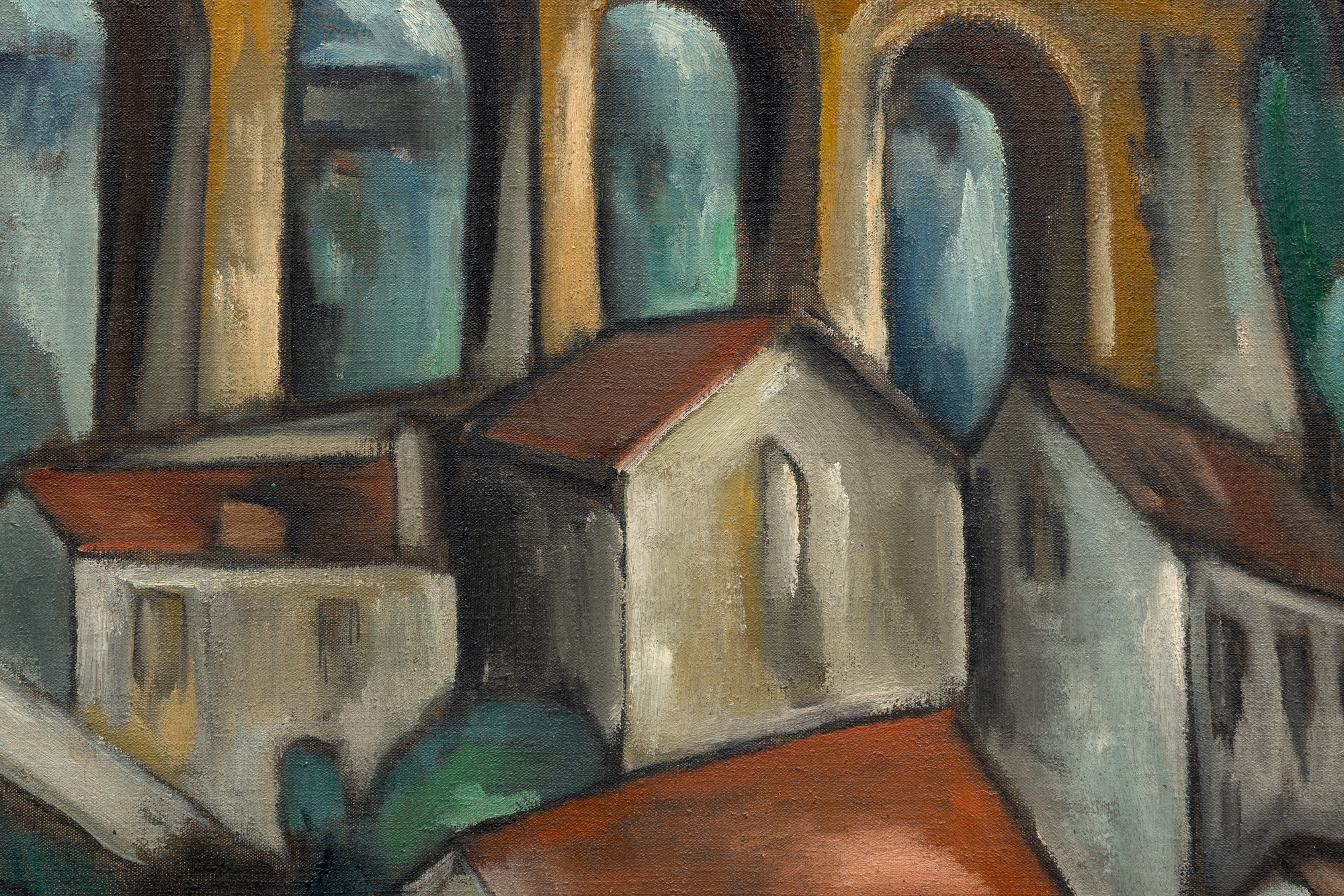 MAURICE DE VLAMINCK - Le Viaduc de Saint-Germain-en-Laye <div><font face=Lato size=3>Maurice de Vlaminck’s <em>Le Viaduc de Saint-Germain-en-Laye</em> (circa 1910-1911), an arresting oil on canvas framed in ornate gold, captures the industrial elegance of a viaduct west of Paris. This work, set to be included in the forthcoming catalogue raisonné by the Wildenstein Plattner Institute, reflects Vlaminck’s fascination with the Saint-Germain area. Known for painting its urban landscapes and Seine-side scenes, he infused this particular scene with angular Cubist elements gaining traction in early 20th-century art. The viaduct, built in the 1880s to carry the Paris-Saint-Germain railway line, looms with golden arches against a turbulent gray sky, its unyielding structure juxtaposed with the fractured rooflines of quaint village houses. </font></div>
<br>
<br><div><font face=Lato size=3> </font></div>
<br>
<br><div><font face=Lato size=3>Vlaminck’s bold brushstrokes and muted palette create a textured, almost sculptural effect, with trees and rooftops rendered in dynamic, faceted shapes. The overcast sky enhances the scene’s ambient intensity, while the viaduct’s arches dominate, symbolizing modernity amid rural charm. This work exemplifies his early Fauvist roots evolving into Cubist influences, showcasing a pioneering style. </font></div>
<br>
<br><div><font face=Lato size=3> </font></div>
<br>
<br><div><font face=Lato size=3>A resident of the region, Vlaminck frequently depicted its evolving landscape, blending tradition with innovation. "Le Viaduc de Saint-Germain-en-Laye" offers collectors a rare glimpse into his transformative period. Its striking composition and historical context make it a compelling addition to any collection, celebrating Vlaminck’s contribution to modern art’s development. </font></div>