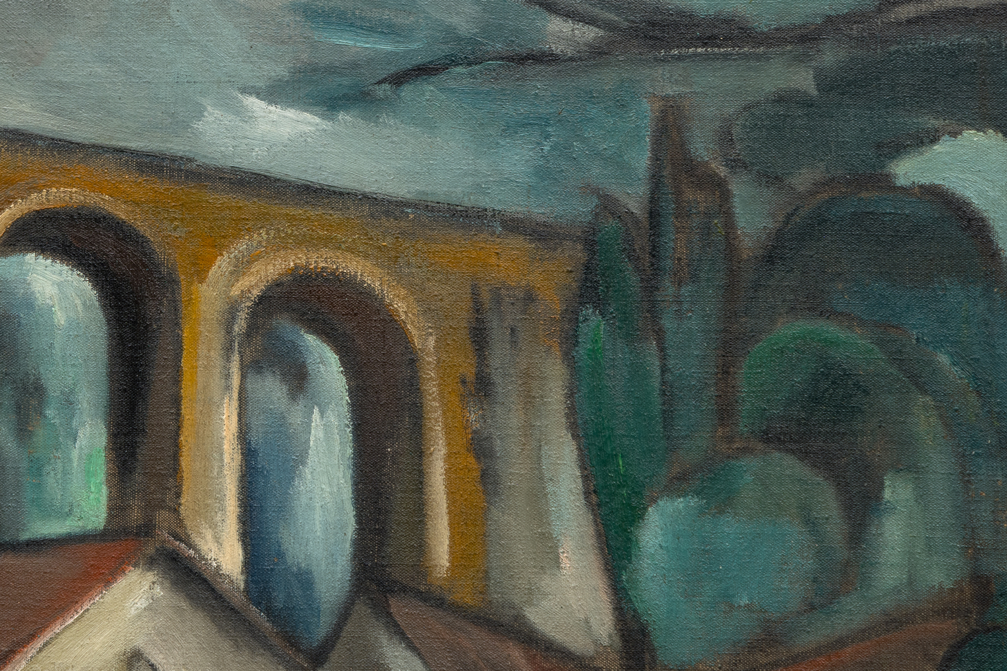 MAURICE DE VLAMINCK - Le Viaduc de Saint-Germain-en-Laye <div><font face=Lato size=3>Maurice de Vlaminck’s <em>Le Viaduc de Saint-Germain-en-Laye</em> (circa 1910-1911), an arresting oil on canvas framed in ornate gold, captures the industrial elegance of a viaduct west of Paris. This work, set to be included in the forthcoming catalogue raisonné by the Wildenstein Plattner Institute, reflects Vlaminck’s fascination with the Saint-Germain area. Known for painting its urban landscapes and Seine-side scenes, he infused this particular scene with angular Cubist elements gaining traction in early 20th-century art. The viaduct, built in the 1880s to carry the Paris-Saint-Germain railway line, looms with golden arches against a turbulent gray sky, its unyielding structure juxtaposed with the fractured rooflines of quaint village houses. </font></div>
<br>
<br><div><font face=Lato size=3> </font></div>
<br>
<br><div><font face=Lato size=3>Vlaminck’s bold brushstrokes and muted palette create a textured, almost sculptural effect, with trees and rooftops rendered in dynamic, faceted shapes. The overcast sky enhances the scene’s ambient intensity, while the viaduct’s arches dominate, symbolizing modernity amid rural charm. This work exemplifies his early Fauvist roots evolving into Cubist influences, showcasing a pioneering style. </font></div>
<br>
<br><div><font face=Lato size=3> </font></div>
<br>
<br><div><font face=Lato size=3>A resident of the region, Vlaminck frequently depicted its evolving landscape, blending tradition with innovation. "Le Viaduc de Saint-Germain-en-Laye" offers collectors a rare glimpse into his transformative period. Its striking composition and historical context make it a compelling addition to any collection, celebrating Vlaminck’s contribution to modern art’s development. </font></div>