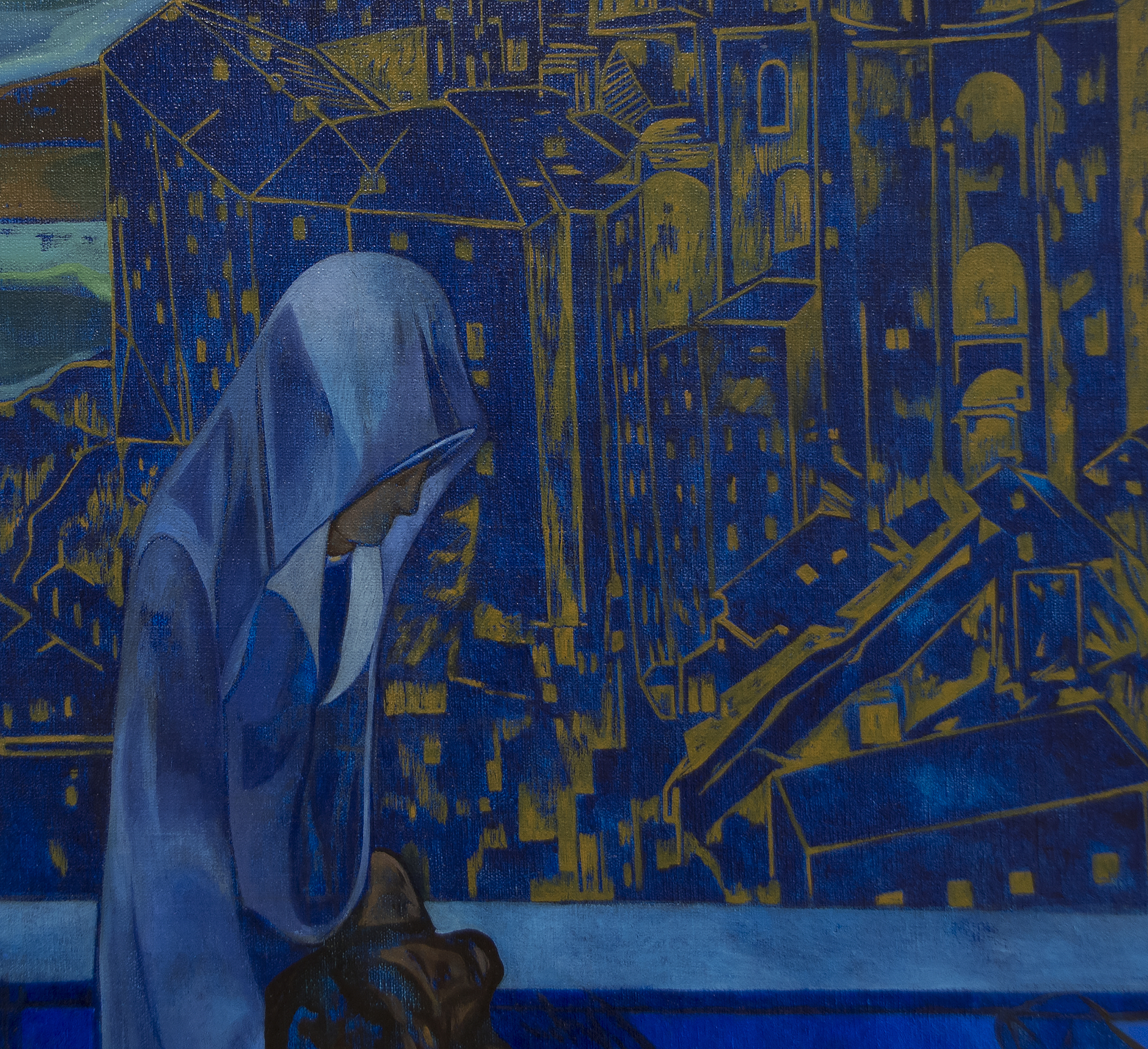 一个披着斗篷的人物的镜像拥抱着一个赤裸着胸膛和胡子的男人，他相对的身材几乎像孩子一样。他们的拥抱反映了米开朗基罗的皮耶塔，以及许多类似的基督和麦当娜的描述。深浅的蓝色阴影在构图上投下阴影，无疑是一个时间指标，但也可能提到毕加索的蓝色时期，对佩莱格里尼的艺术作品有重要影响。人物背后的墙板描绘了宗教场景，并提醒观众教堂和教堂的彩色玻璃墙。灯光从下面的城市的窗户照耀，也照亮了满月高峰在山区的风景。