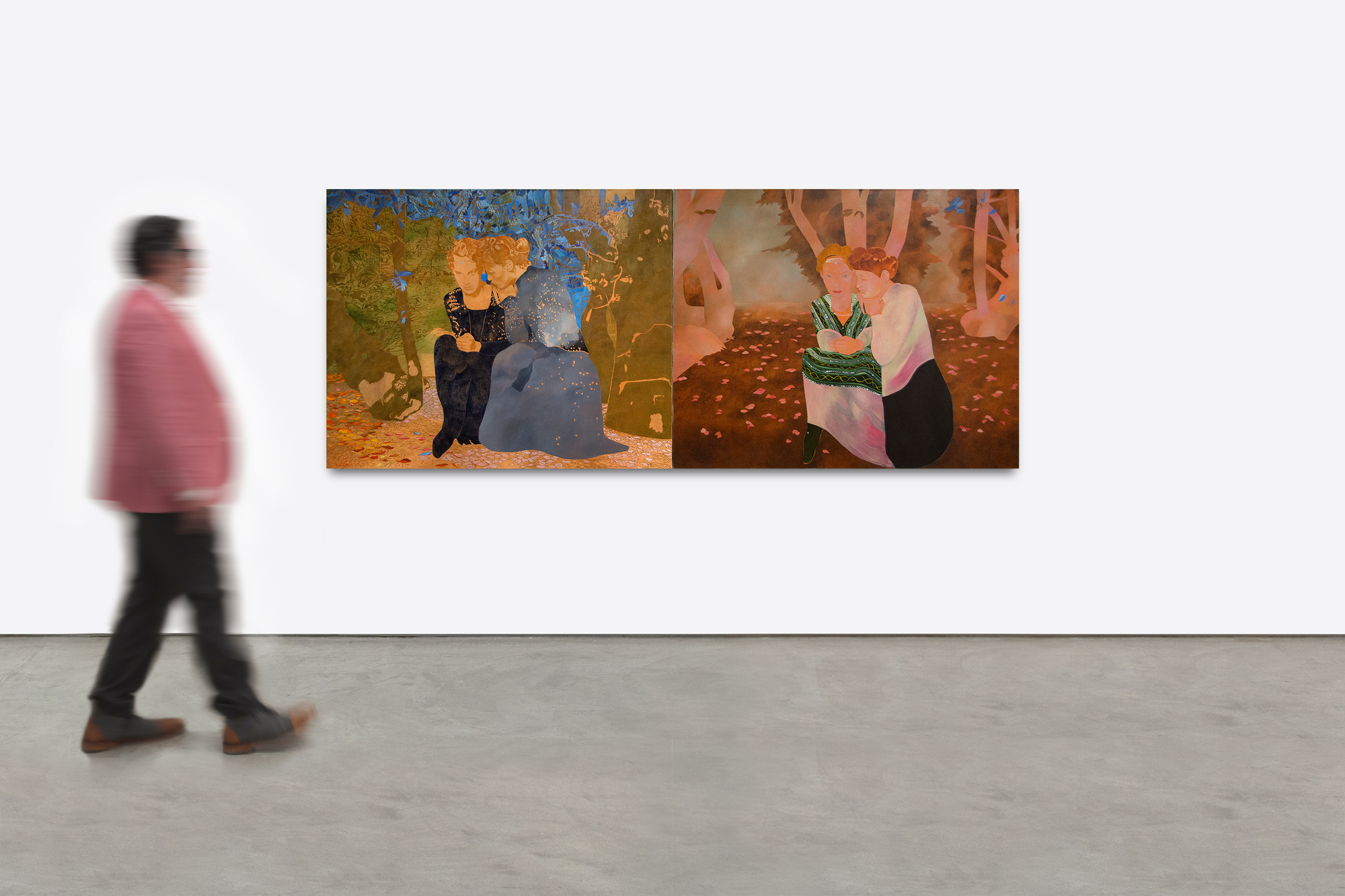 Pellegrini returns to Classical Mythology to paint an adapted narration of the love story of Cupid and Psyche. Traditionally, Psyche was a young princess who was hailed for her beauty and unfortunately caught the eye of a jealous Venus. Venus entrusted Cupid to punish Psyche by making her fall in love with something hideous. Cupid accidently scratched himself with his amorous dart, by which he immediately fell in love with Psyche. As a result, Cupid disobeyed his mother’s orders to punish Psyche. Ultimately they married, but not before Psyche completed a number of painstaking and nearly impossible tasks at the behest of Venus. <br><br>Pellegrini’s interpretation of this myth is cast over two canvases with different chromatic palettes, oscillating on a spectrum of abstraction and representation. This creates a disorienting temporal effect that creates a sense of mystery surrounding the passage of time between two lovers.