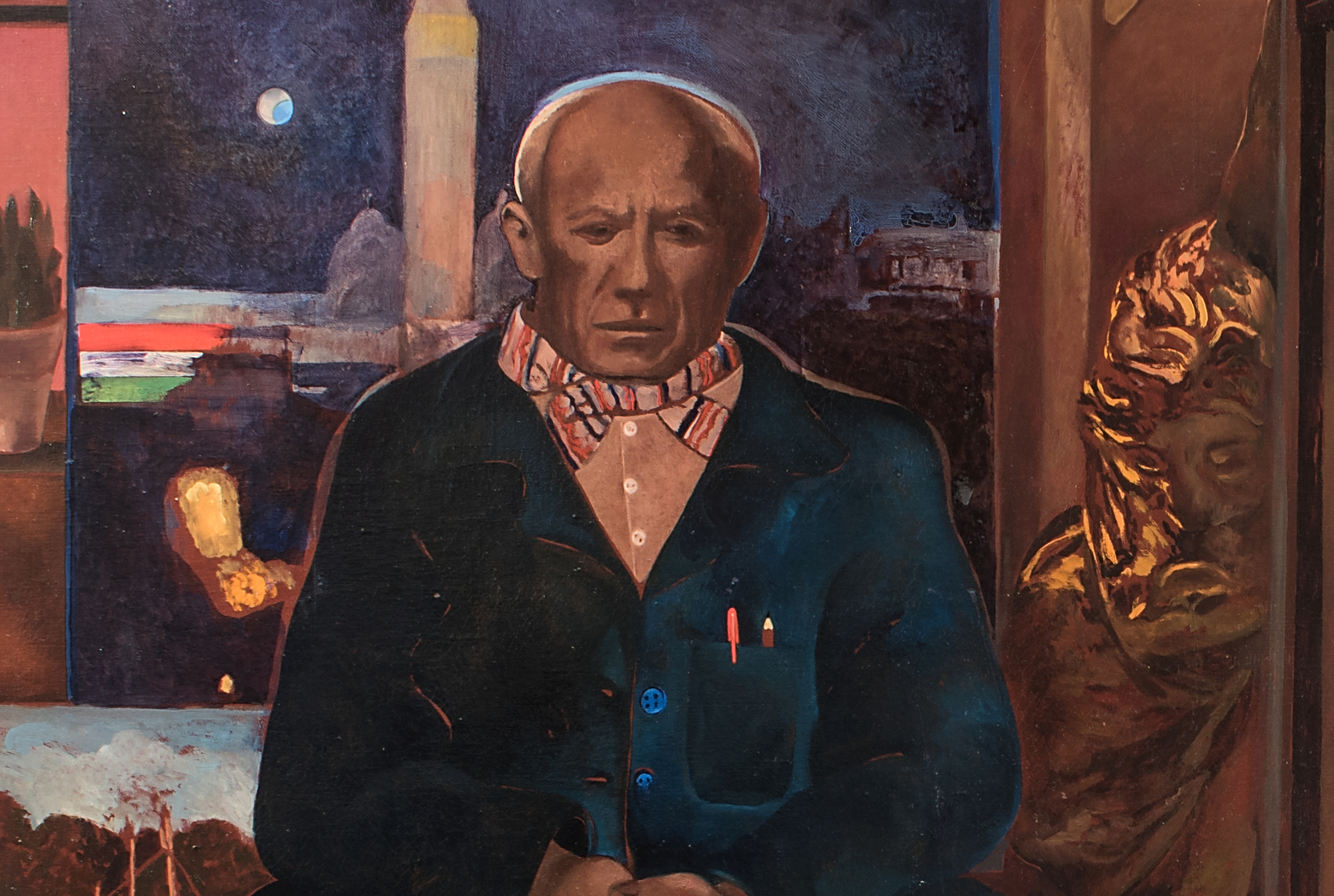 Pablo Picasso paints a portrait of his sitter Giorgio De Chirico in a room filled with classical antiquities, neoclassical sculptures and impressionist paintings. The artist dreams of his own glory, which is symbolized by the masterpieces in the room – the statue of Victory by Michelangelo, an Impressionist artwork leaning in a corner, and the painting behind the sitter that symbolizes human knowledge. Yet, this is all meant ironically. De Chirico only sits in for Pellegrini himself, who mocks his own fears and phobias, by sitting in a room in which every person and artwork in the painting have already achieved their glory. 
<br>
<br>“Yes, irony is one of the elements of my painting. I make fun of myself and my neurotic fears and phobias and I turn the situation with ironic if not at times hilarious details. I placed a cat, for example, with phosphorescent eyes in a bucolic scene, or in the subject of Carnival I mix death, ridicule and joking.” (Antonio Monda, “Interview with Max Pellegrini,” in Max Pellegrini, ed. Danilo Eccher, 2014