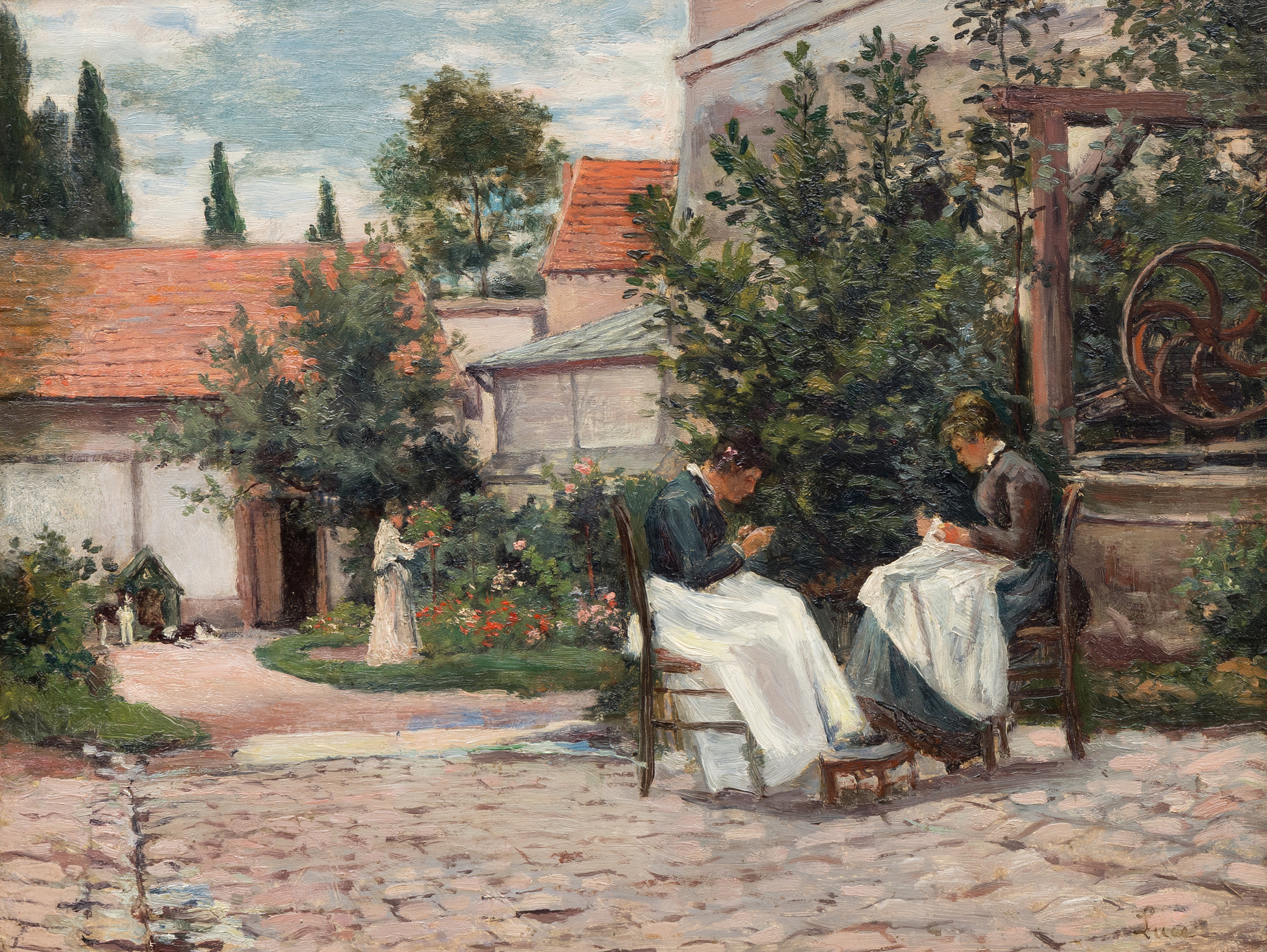 MAXIMILIEN LUCE - La Couture au Jardin, Gisors 1897 - oil on panel - 12 3/4 x 16 1/4 in.