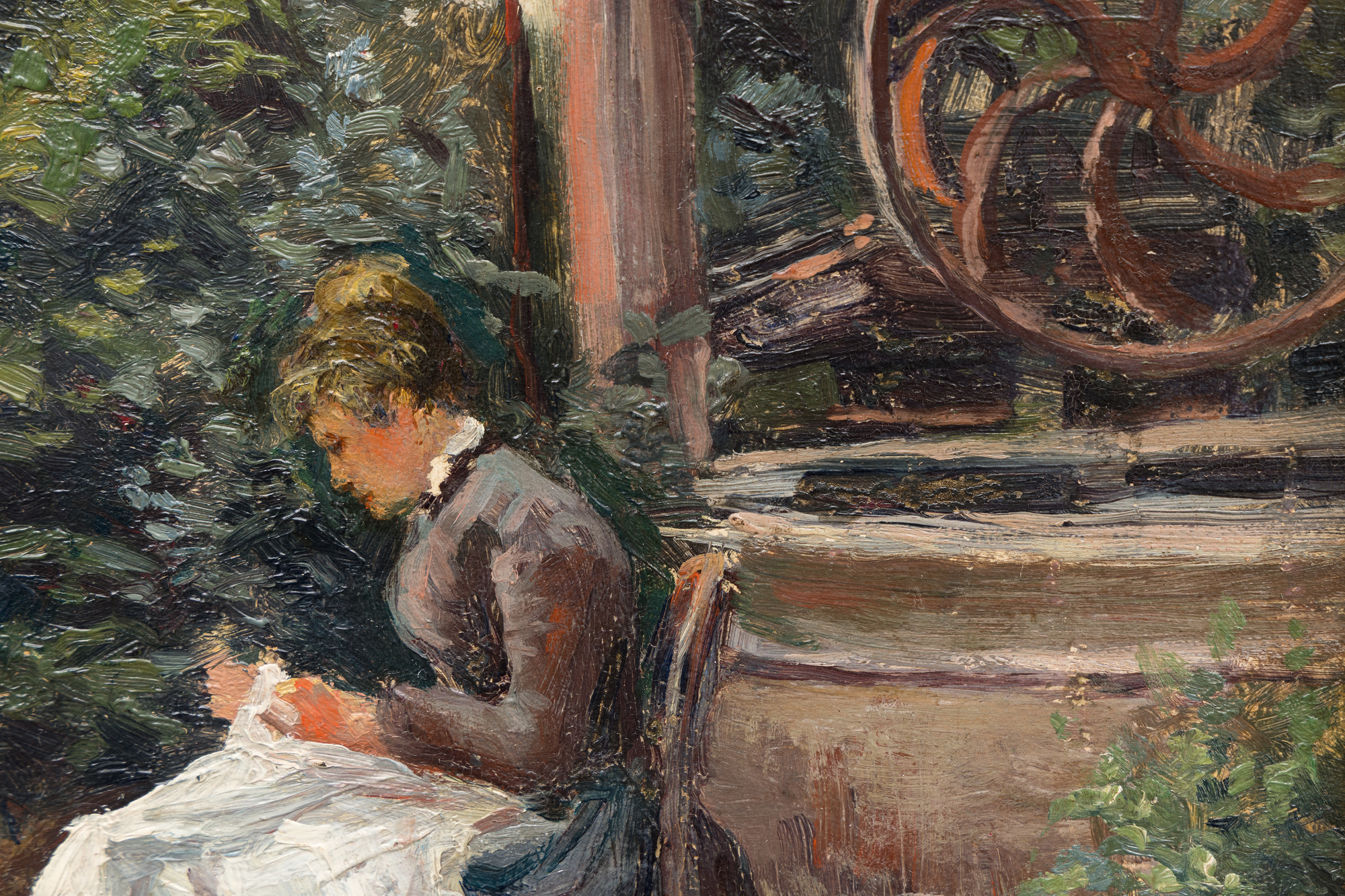 MAXIMILIEN LUCE - La Couture au Jardin, Gisors 1897 - oil on panel - 12 3/4 x 16 1/4 in.