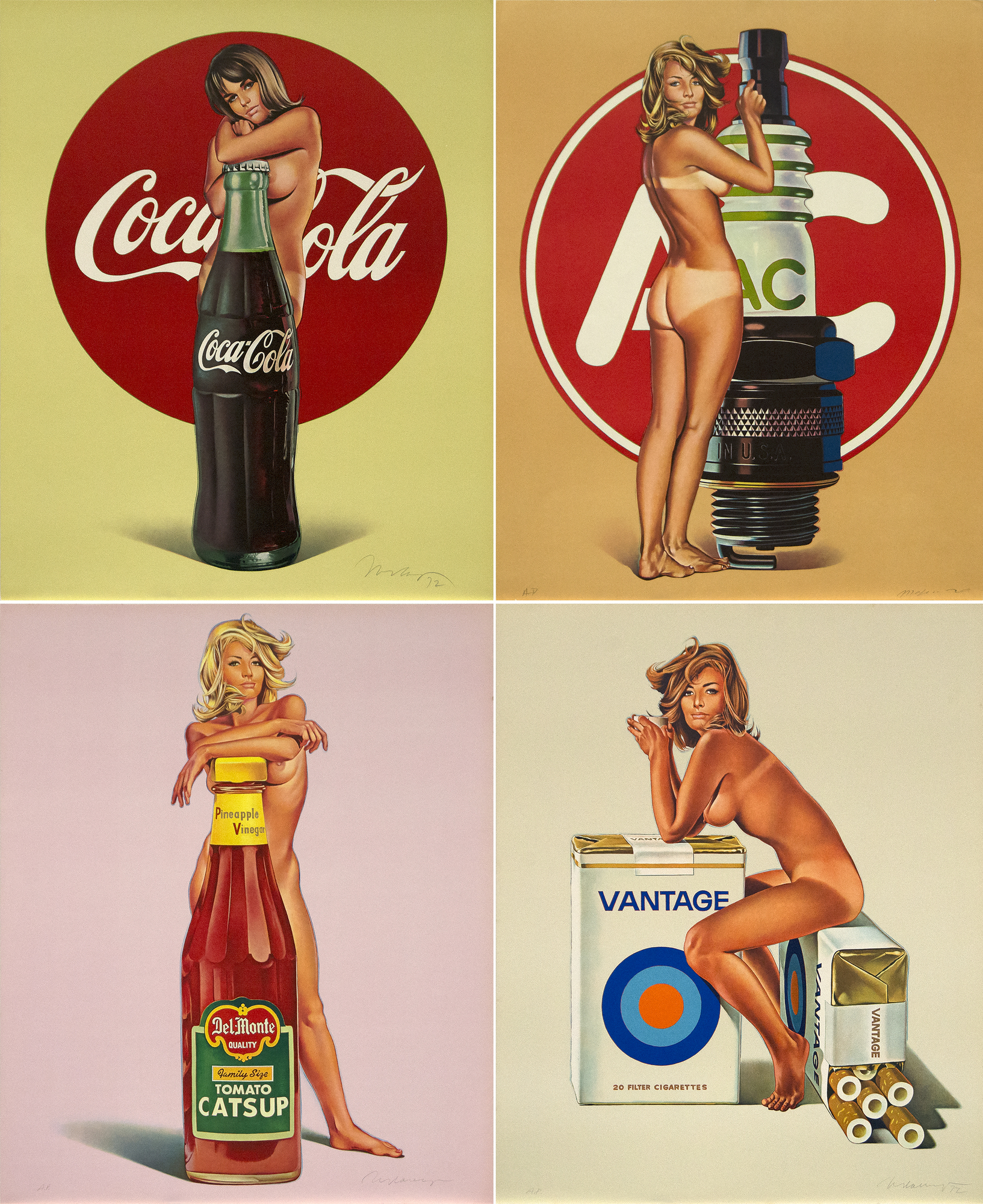 MEL RAMOS - Lola Cola; A.C. Annie; Della Monty; Tobacco Red מל ראמוס - לולה קולה; איי סי אנני; דלה מונטי; טבק אדום - ארבע ליטוגרפיות צבעוניות אופסט - 30 3/4 x 25 1/4 אינץ' כל אחד.