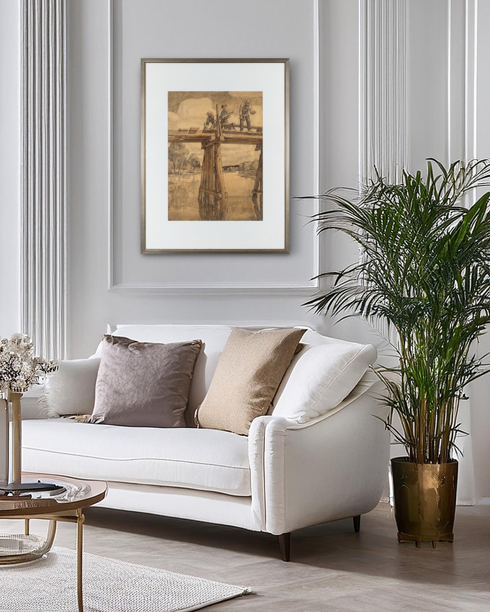 N.C. WYETH - The Carpenters Repairing Hubbard's Bridge - graphite, charcoal, and watercolor - 27 1/2 x 20 1/8 in.