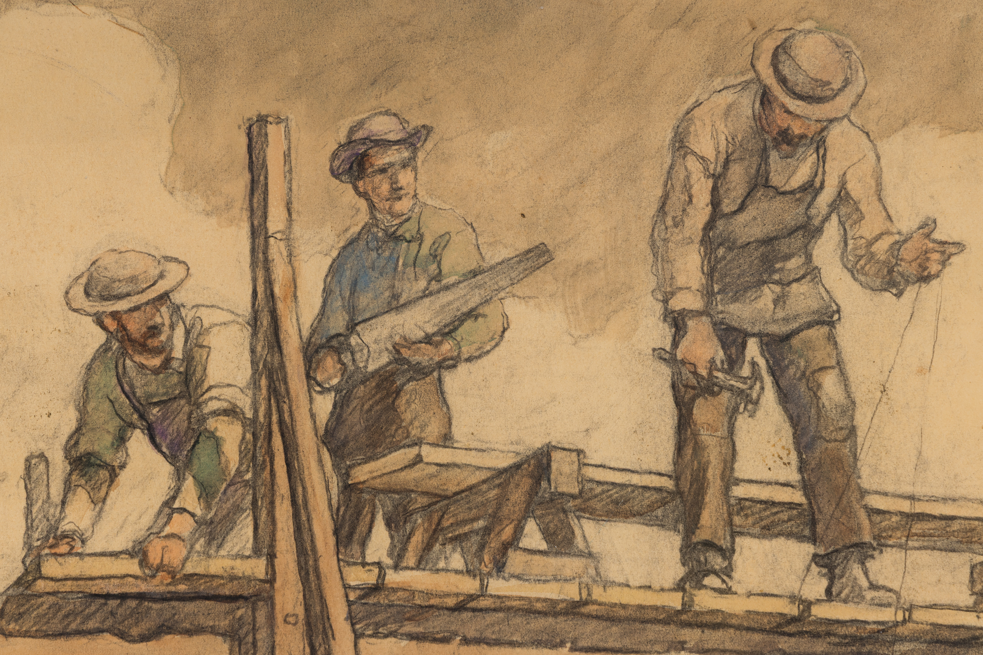 N.C. WYETH - The Carpenters Repairing Hubbard's Bridge - graphite, charcoal, and watercolor - 27 1/2 x 20 1/8 in.