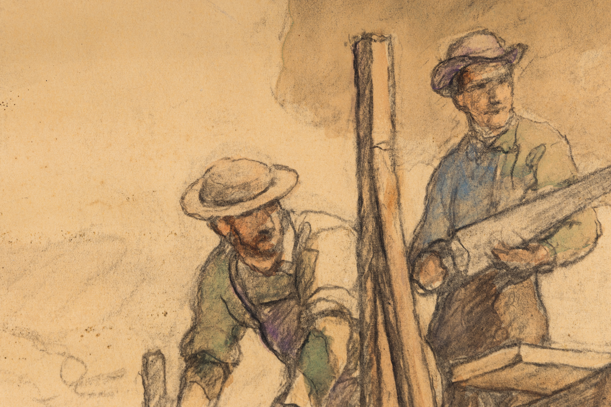 N.C. WYETH - The Carpenters Repairing Hubbard's Bridge - graphite, charcoal, and watercolor - 27 1/2 x 20 1/8 in.