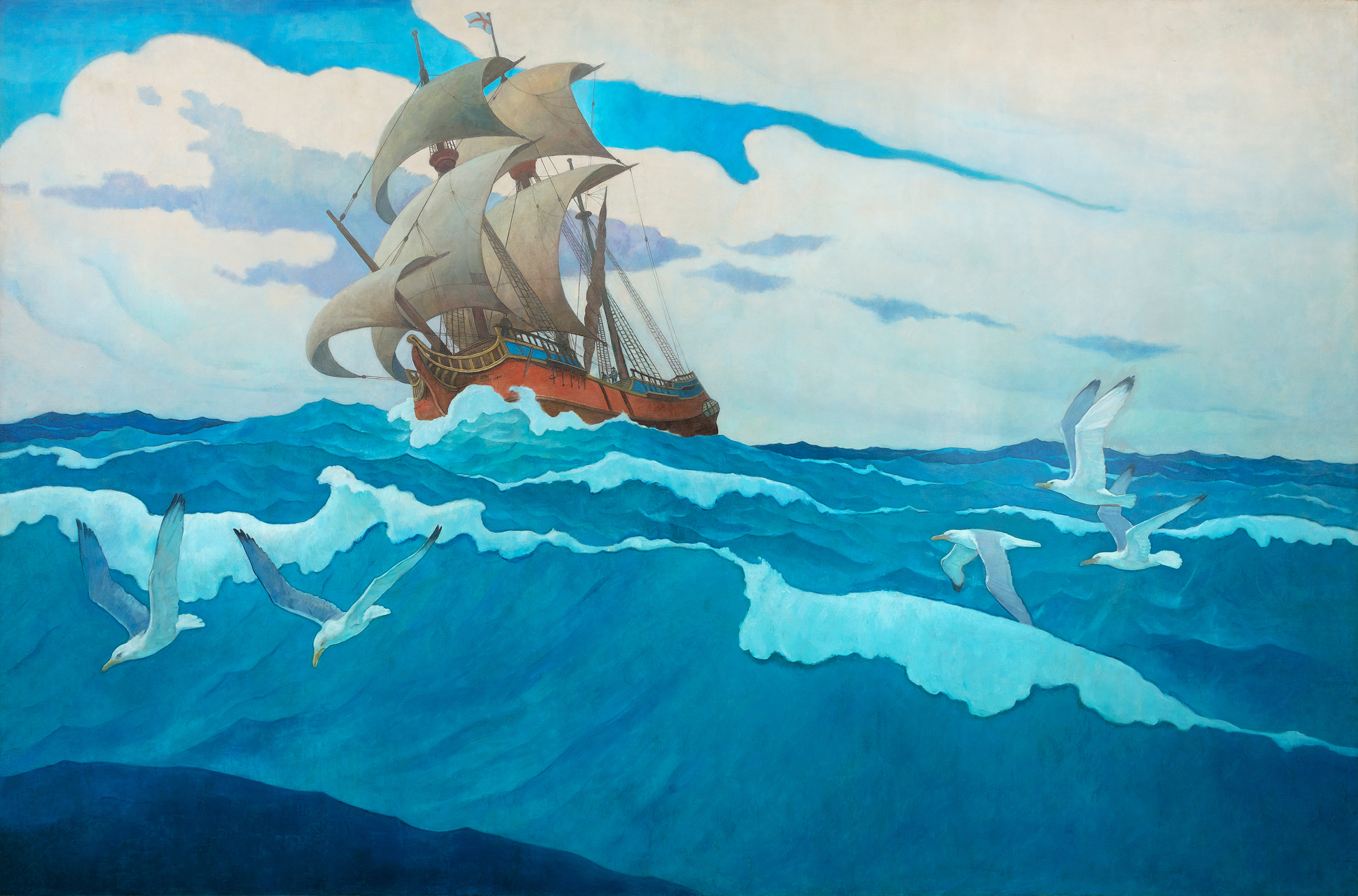N.C. WYETH - The Coming of the Mayflower in 1620 N.C. Wyeth’s extraordinary skills as an illustrator were borne of impeccable draftsmanship and as a painter, his warmly rich, harmonious sense of color, and ability to capture the quality of light itself. But it is his unmatched artistry in vivifying story and character with a powerful sense of mood that we admire most of all — the ability to transport himself to the world and time of his creation and to convey it with a beguiling sense of conviction. That ability is as apparent in the compositional complexities of Treasure Island’s “One More Step, Mr. Hands!” as it is here, in the summary account of a square-rigged, seventeenth-century merchant ship tossed upon the seas. The Coming of the Mayflower in 1620 is a simple statement of observable facts, yet Wyeth’s impeccable genius as an illustrator imbues it with the bracing salt air and taste that captures the adventuresome spirit of the men and women who are largely credited with the founding of America. That spirit is carried on the wind and tautly billowed sails, the jaunty heeling of the ship at the nose of a stiff gale, the thrusting, streamed-limned clouds, and the gulls jauntily arranged to celebrate an arrival as they are the feathered angels of providence guiding it to safe harbor.<br><br>The Coming of the Mayflower in 1620 was based on two studies, a composition drawing in graphite and a small presentation painting. The finished mural appears to have been installed in 1941.